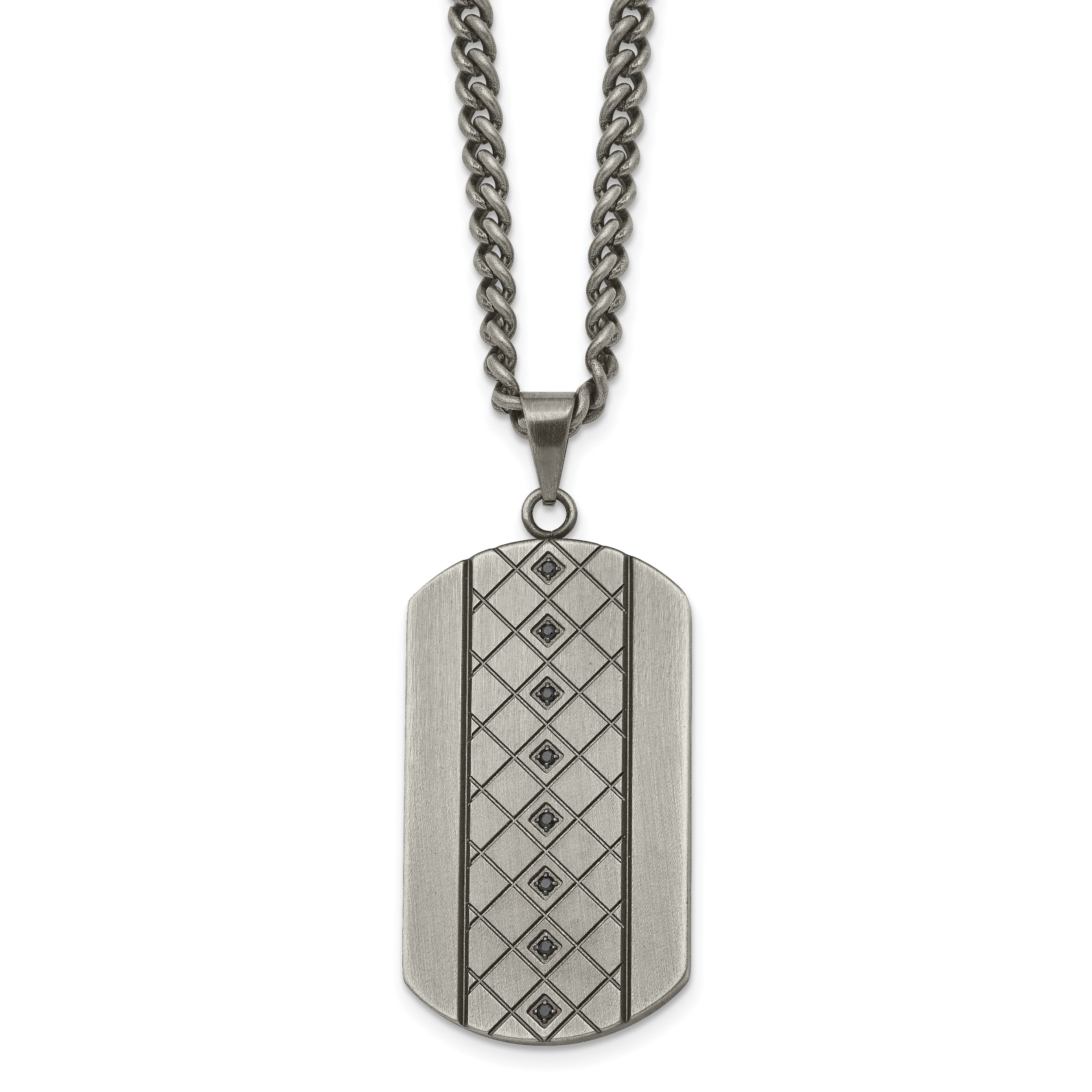 Chisel Stainless Steel Brushed and Textured with Black CZ Dog Tag on a 22 inch Curb Chain Necklace