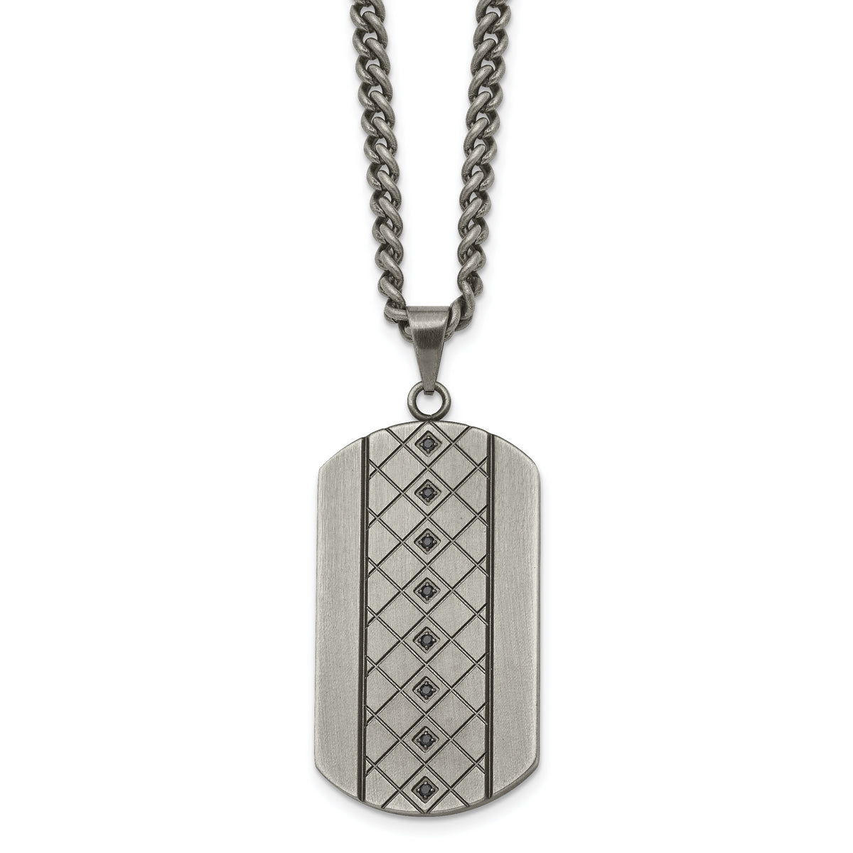 Chisel Stainless Steel Brushed and Textured with Black CZ Dog Tag on a 22 inch Curb Chain Necklace