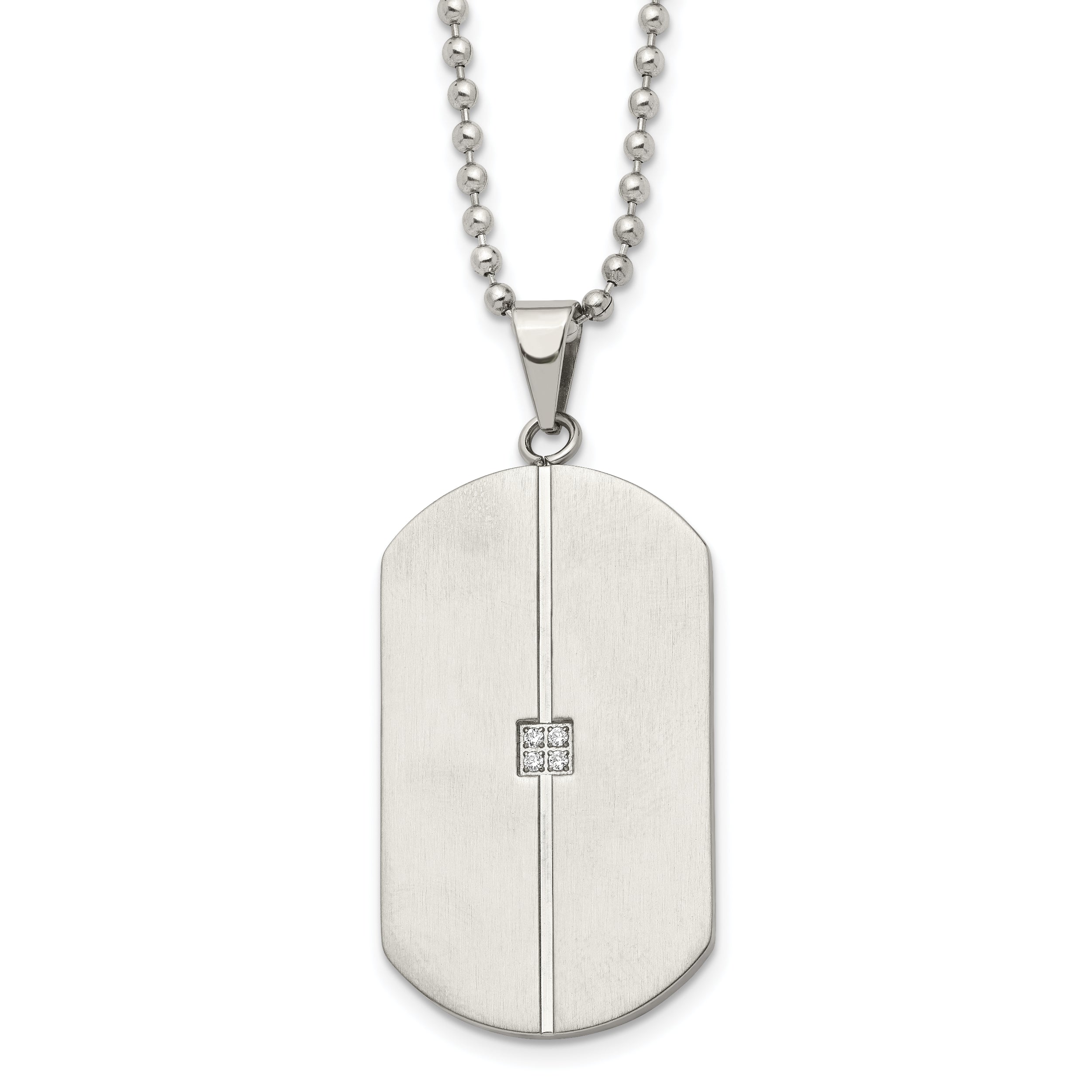 Chisel Stainless Steel Brushed and Polished with CZ Dog Tag on a 20 inch Ball Chain Necklace