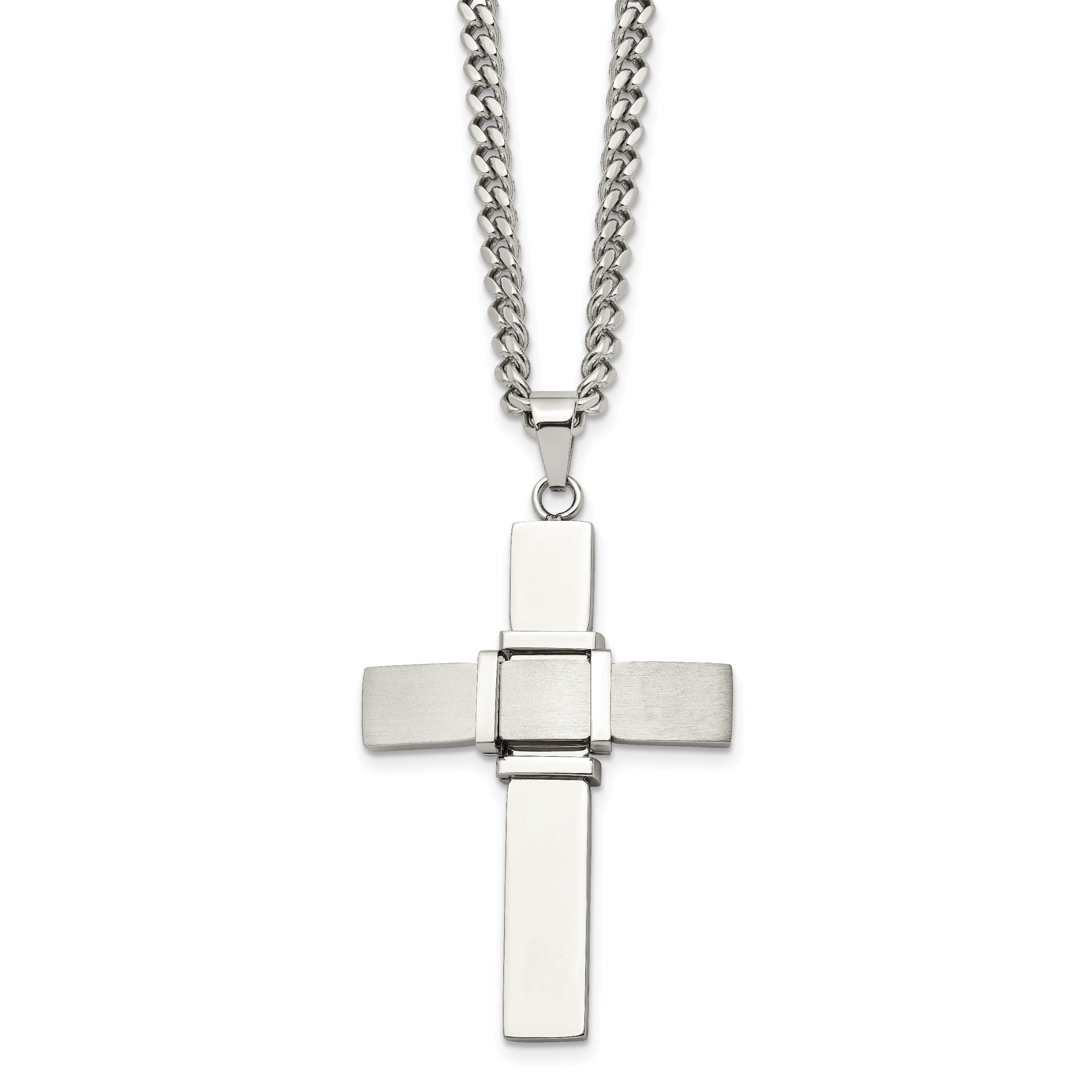 Chisel Stainless Steel Brushed and Polished Cross Pendant on a 22 inch Curb Chain Necklace