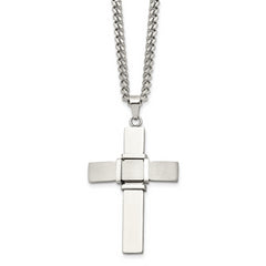 Chisel Stainless Steel Brushed and Polished Cross Pendant on a 22 inch Curb Chain Necklace