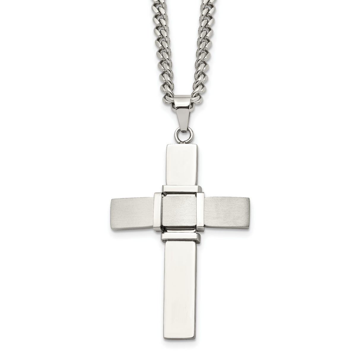 Chisel Stainless Steel Brushed and Polished Cross Pendant on a 22 inch Curb Chain Necklace