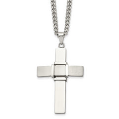 Chisel Stainless Steel Brushed and Polished Cross Pendant on a 22 inch Curb Chain Necklace