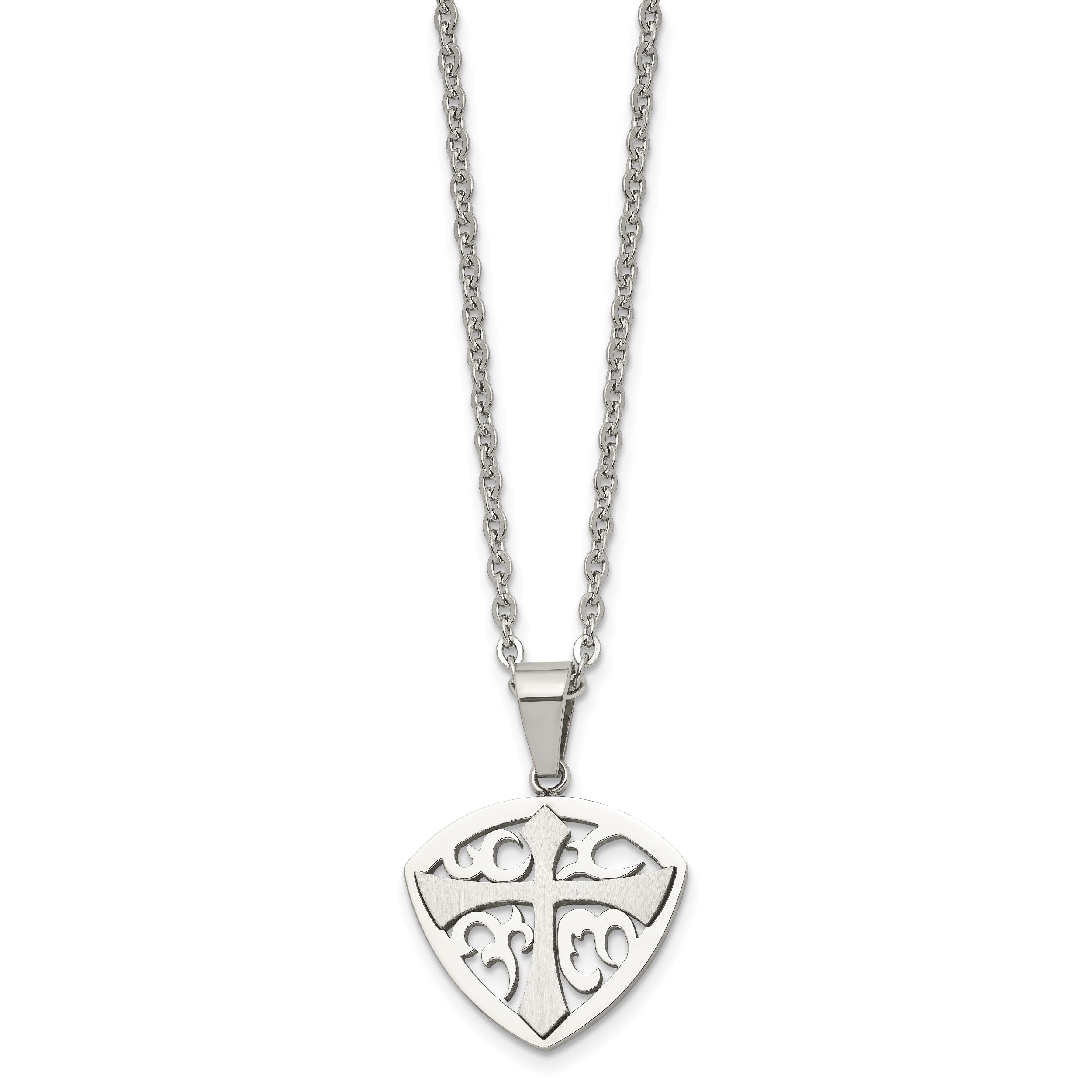 Chisel Stainless Steel Brushed and Polished Cross Shield Pendant on a 20 inch Cable Chain Necklace