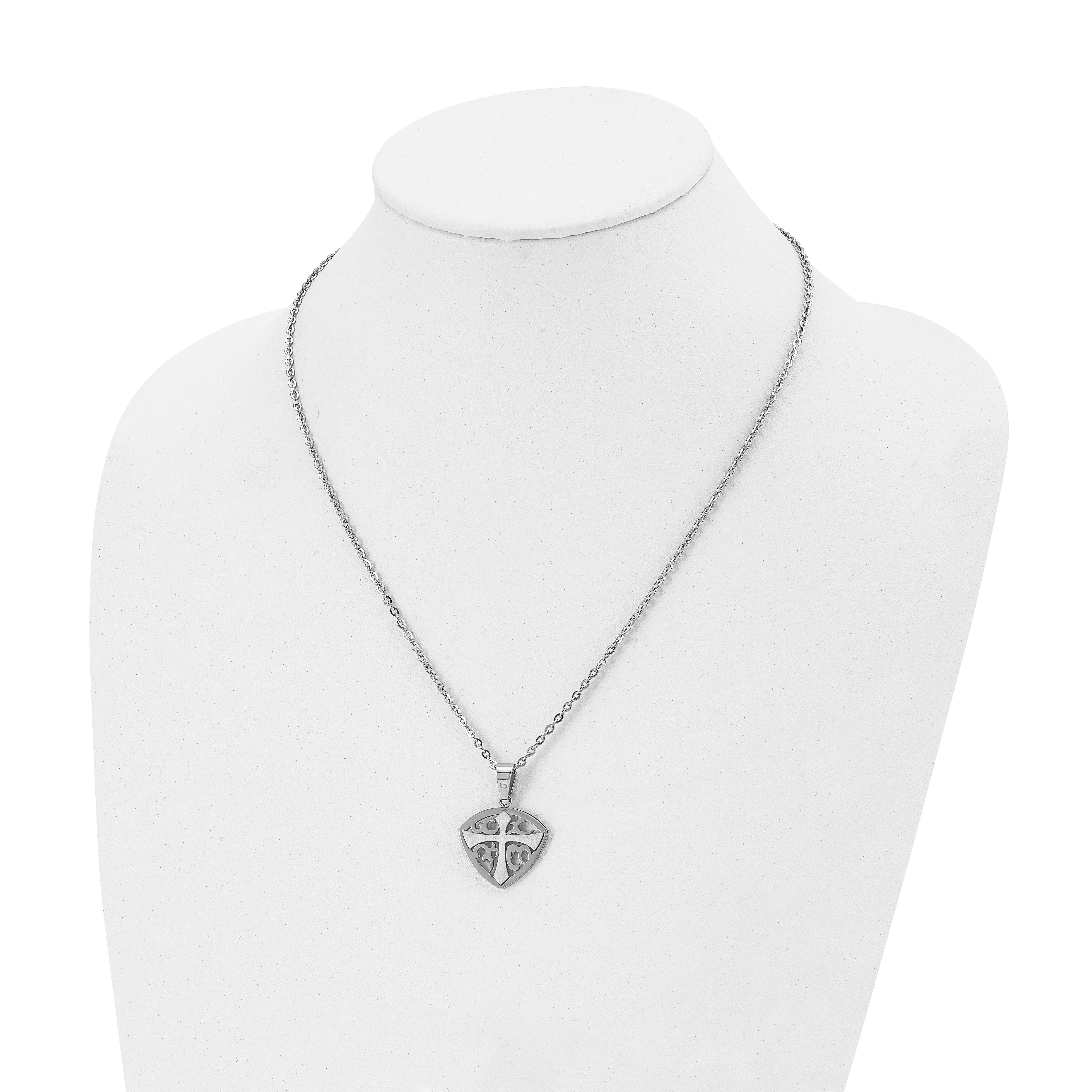 Chisel Stainless Steel Brushed and Polished Cross Shield Pendant on a 20 inch Cable Chain Necklace