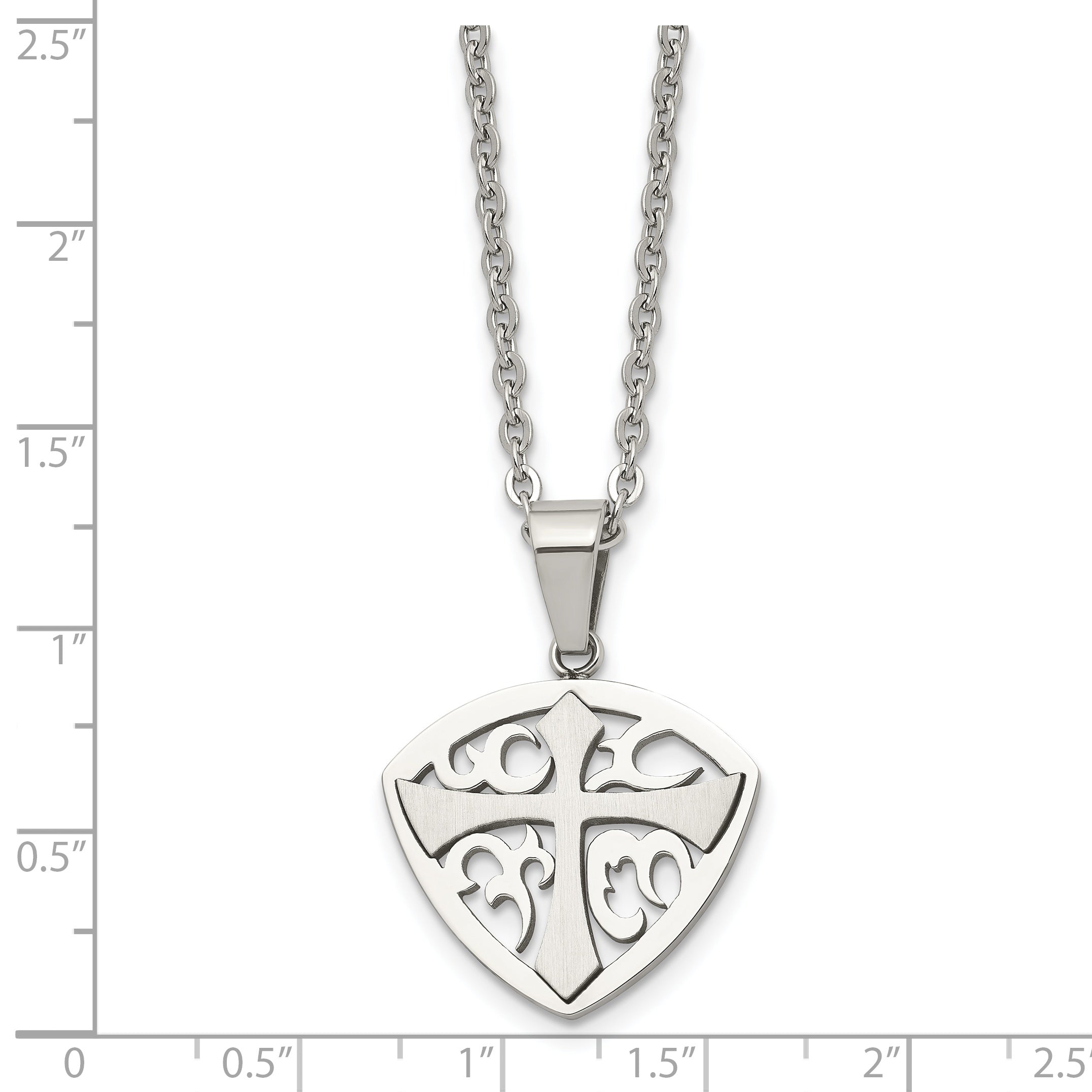 Chisel Stainless Steel Brushed and Polished Cross Shield Pendant on a 20 inch Cable Chain Necklace