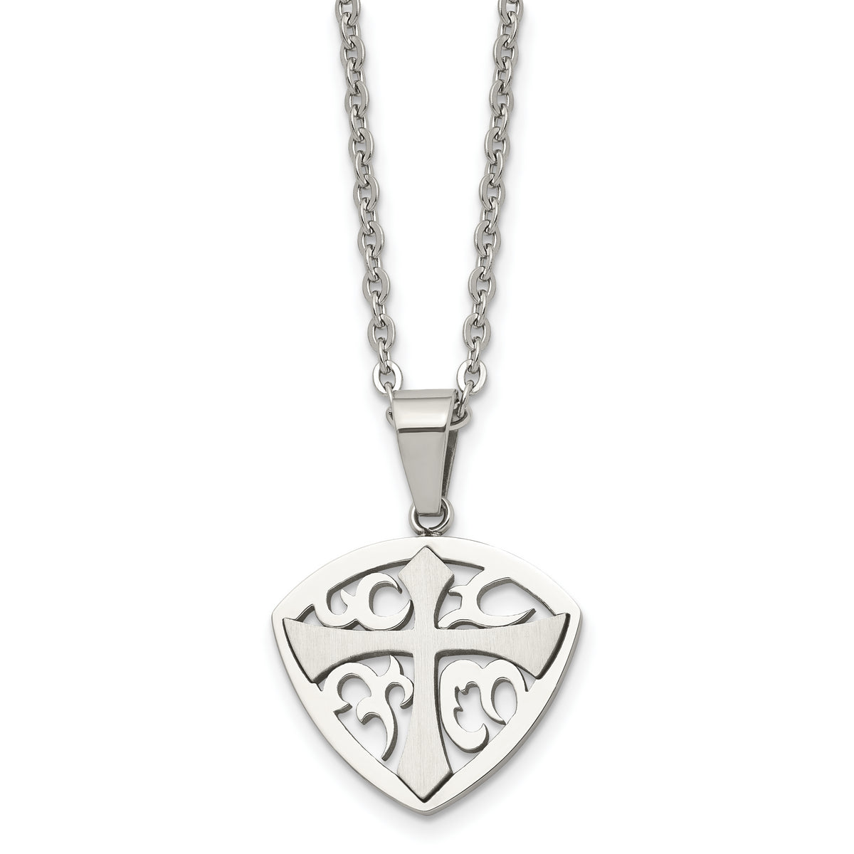 Chisel Stainless Steel Brushed and Polished Cross Shield Pendant on a 20 inch Cable Chain Necklace