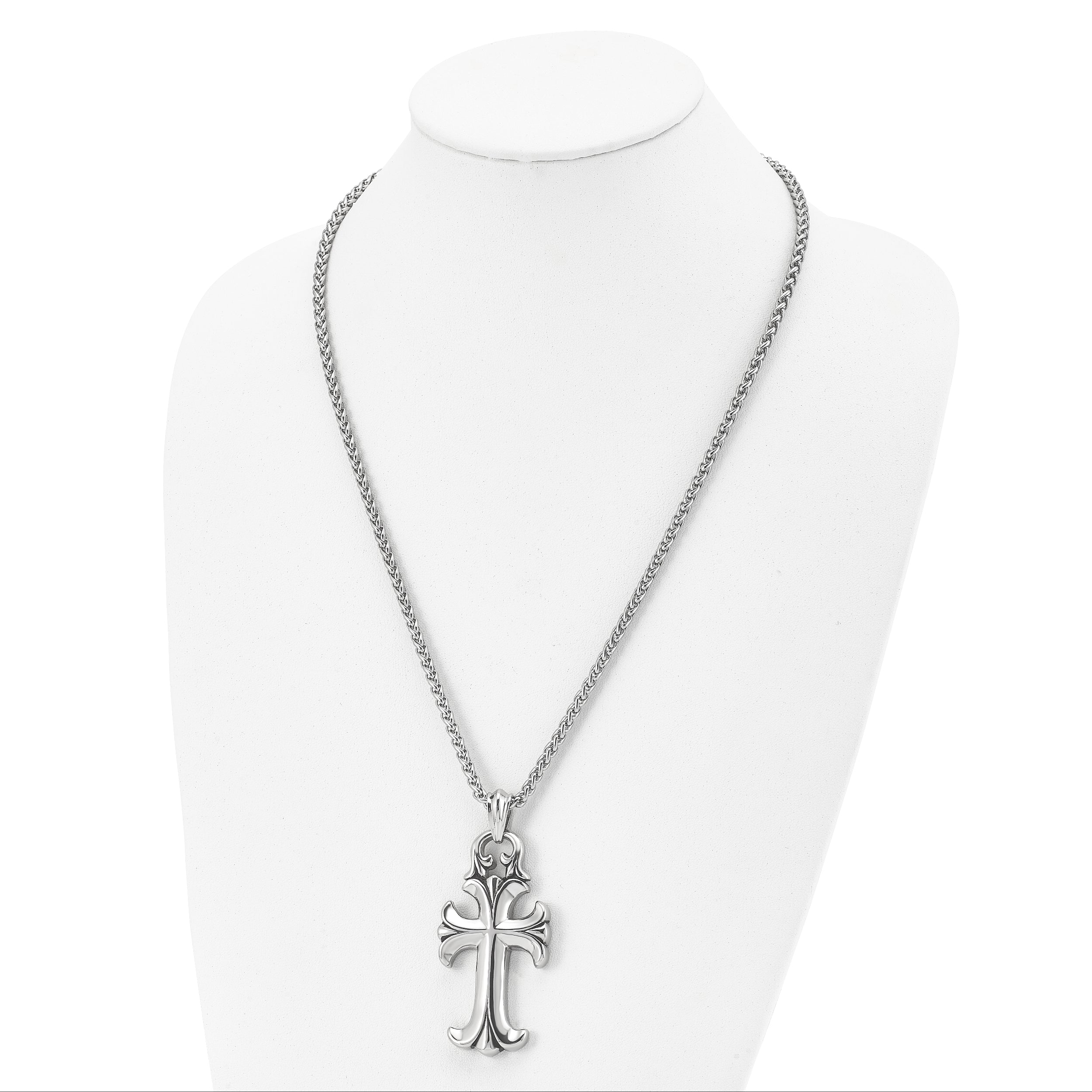 Chisel Stainless Steel Antiqued and Polished Cross Pendant on a 24 inch Spiga Chain Necklace