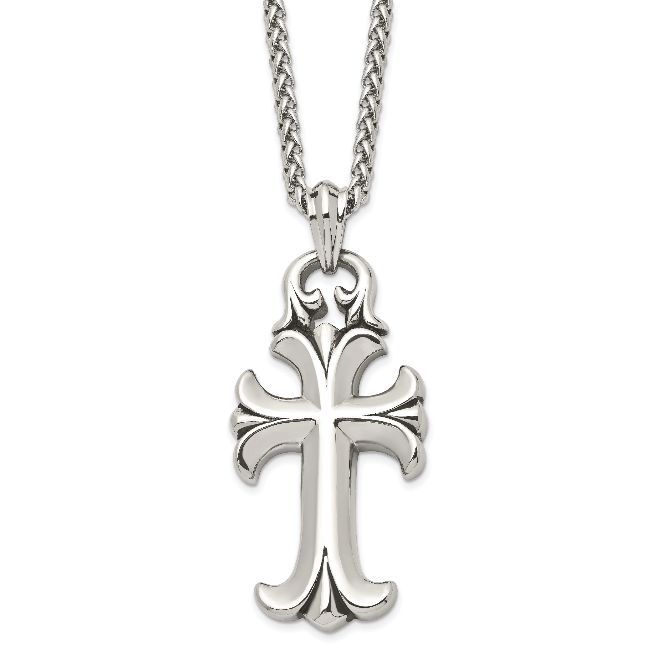 Chisel Stainless Steel Antiqued and Polished Cross Pendant on a 24 inch Spiga Chain Necklace