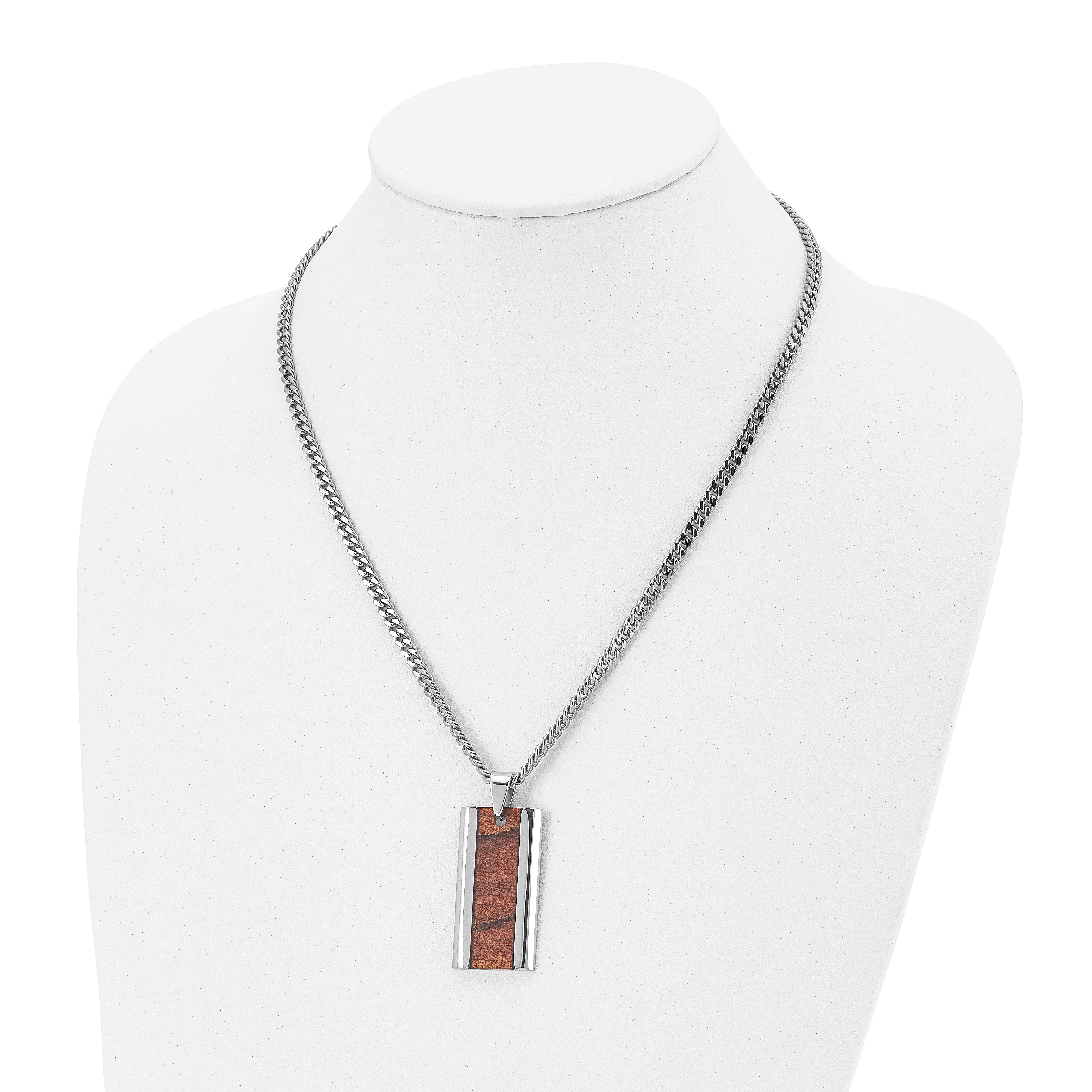 Chisel Stainless Steel Polished Koa Wood Inlay Enameled Pendant on a 20 inch Curb Chain Necklace