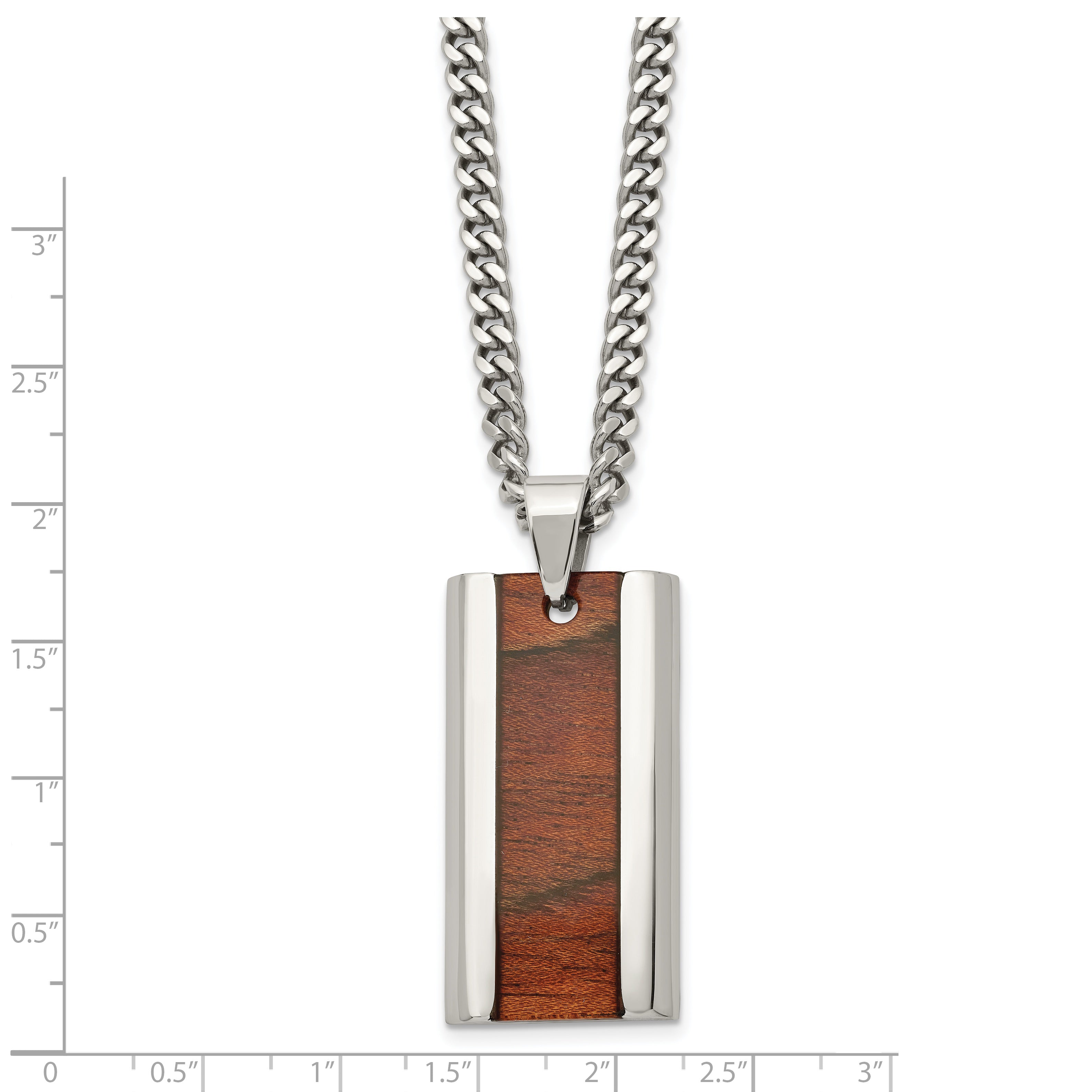 Chisel Stainless Steel Polished Koa Wood Inlay Enameled Pendant on a 20 inch Curb Chain Necklace