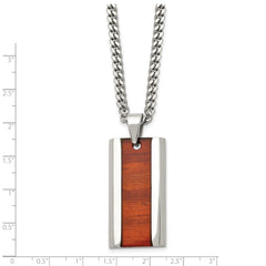 Chisel Stainless Steel Polished Red Koa Wood Inlay Enameled Pendant on a 20 inch Curb Chain Necklace