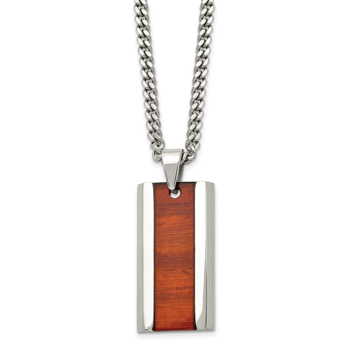 Chisel Stainless Steel Polished Red Koa Wood Inlay Enameled Pendant on a 20 inch Curb Chain Necklace