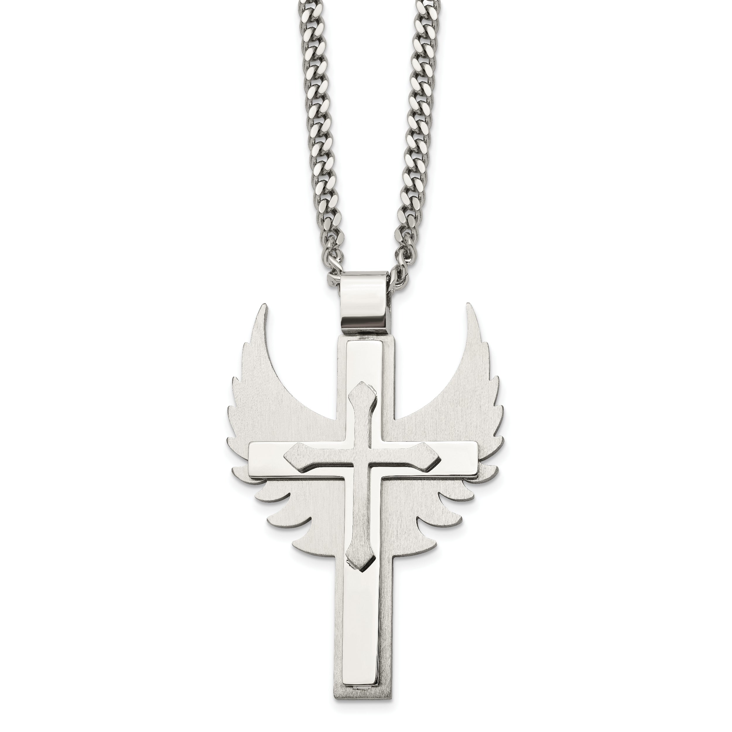 Chisel Stainless Steel Brushed and Polished Cross with Wings Pendnat on a 20 inch Curb Chain Necklace