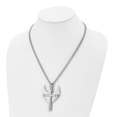 Chisel Stainless Steel Brushed and Polished Cross with Wings Pendnat on a 20 inch Curb Chain Necklace