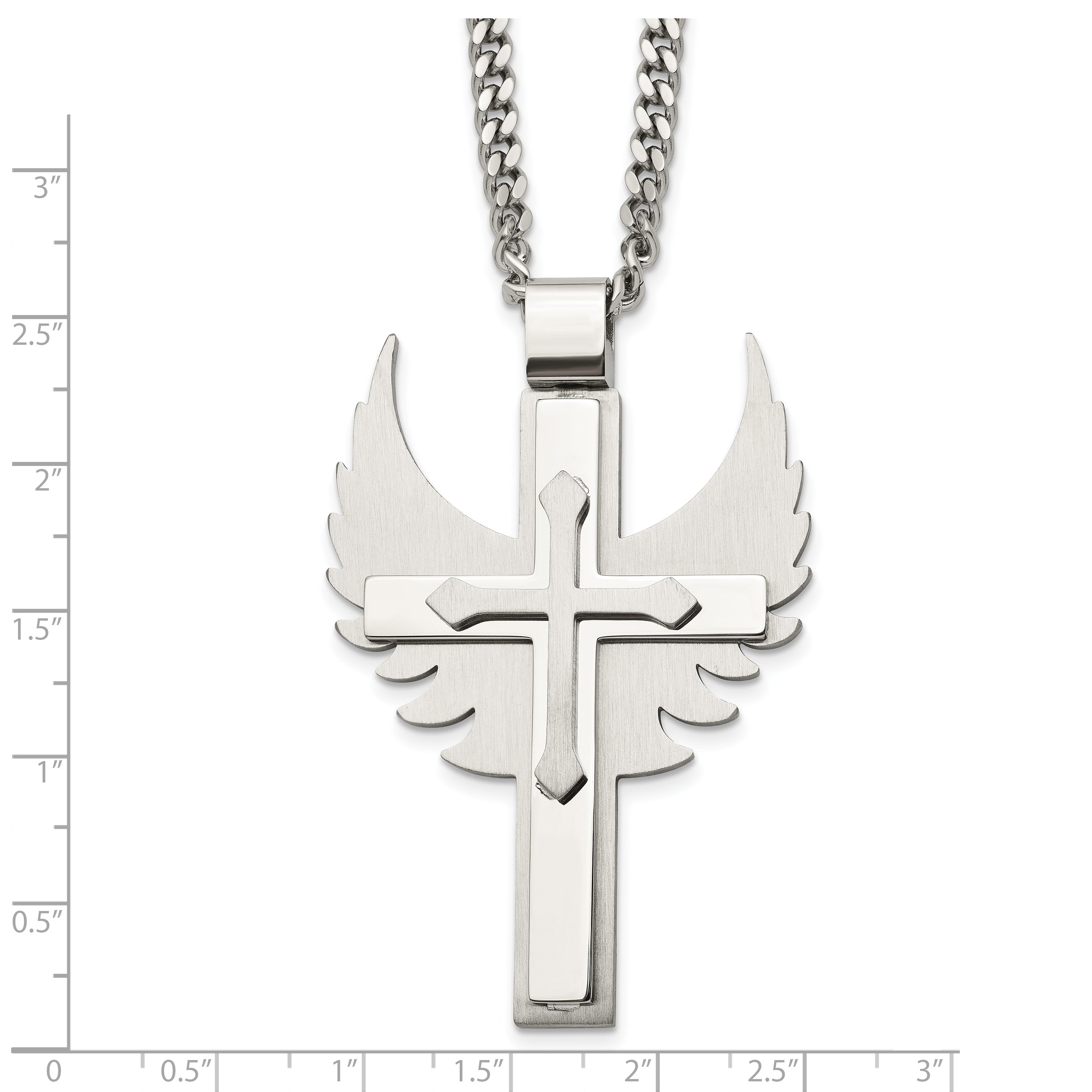 Chisel Stainless Steel Brushed and Polished Cross with Wings Pendnat on a 20 inch Curb Chain Necklace