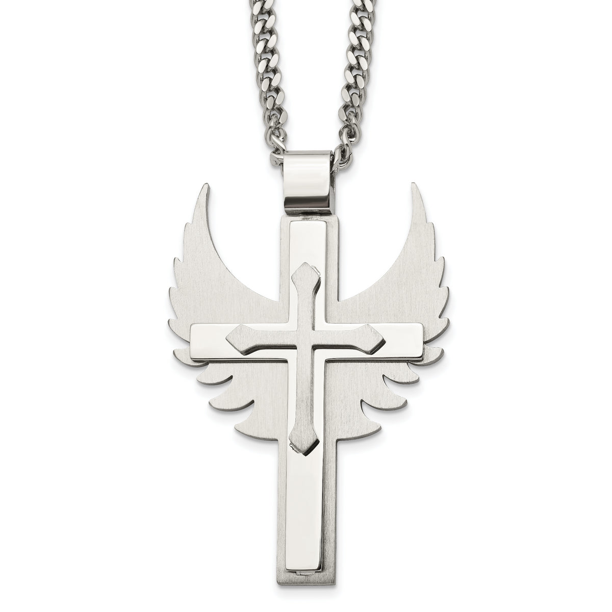 Chisel Stainless Steel Brushed and Polished Cross with Wings Pendnat on a 20 inch Curb Chain Necklace