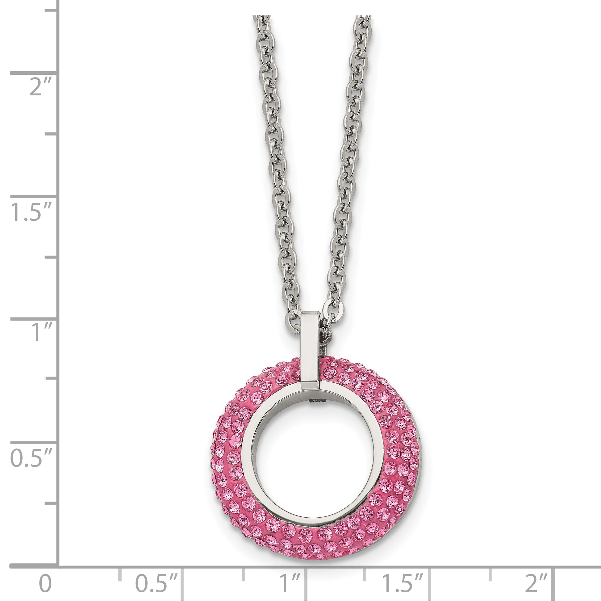 Stainless Steel Polished with Pink Crystal Circle 18in Necklace