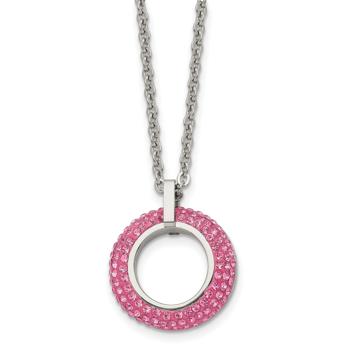 Stainless Steel Polished with Pink Crystal Circle 18in Necklace