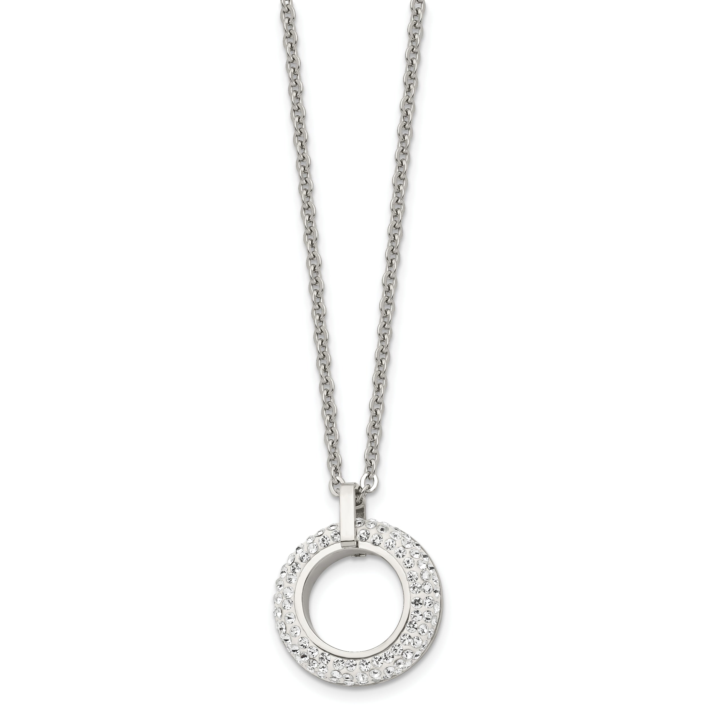 Chisel Stainless Steel Polished White Enameled with Crystals Open Circle Pendant on an 18 inch Cable Chain Necklace