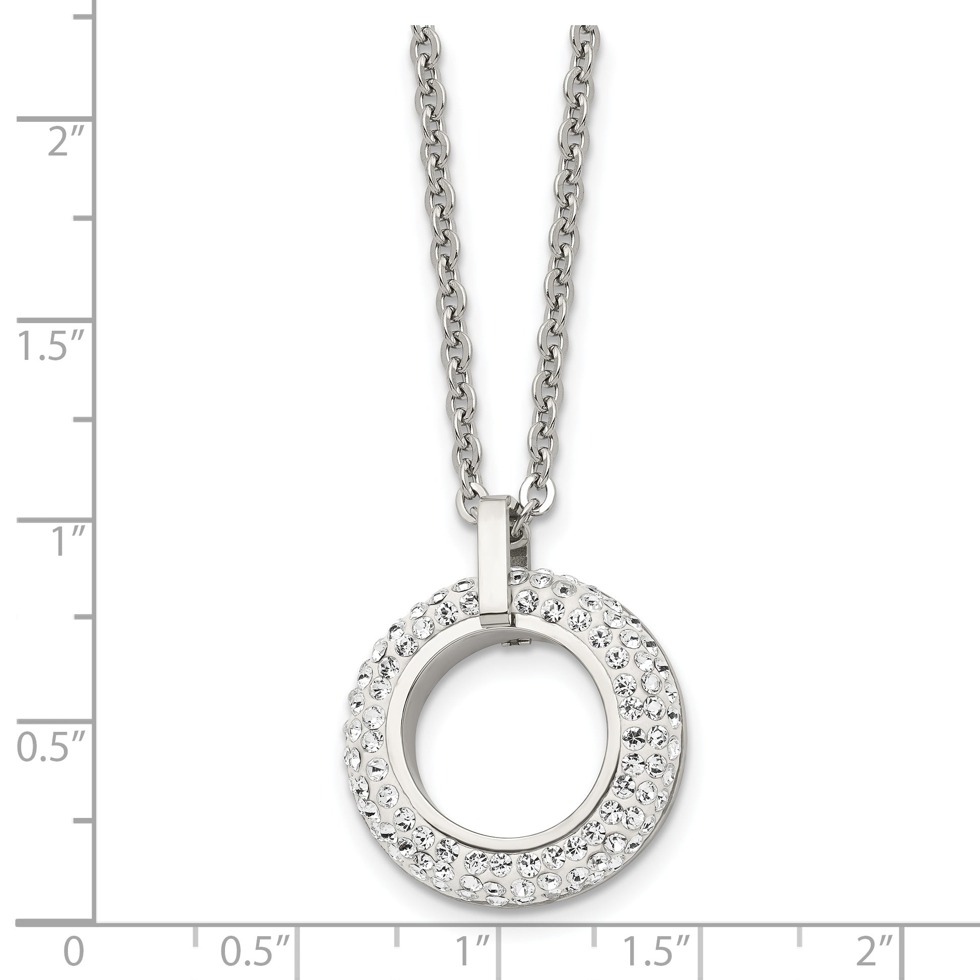 Chisel Stainless Steel Polished White Enameled with Crystals Open Circle Pendant on an 18 inch Cable Chain Necklace