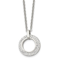 Chisel Stainless Steel Polished White Enameled with Crystals Open Circle Pendant on an 18 inch Cable Chain Necklace