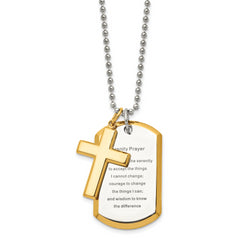 Chisel Stainless Steel Polished Yellow IP-plated 2 Piece Cross and Serenity Prayer Dog Tag on a 24 inch Ball Chain Necklace