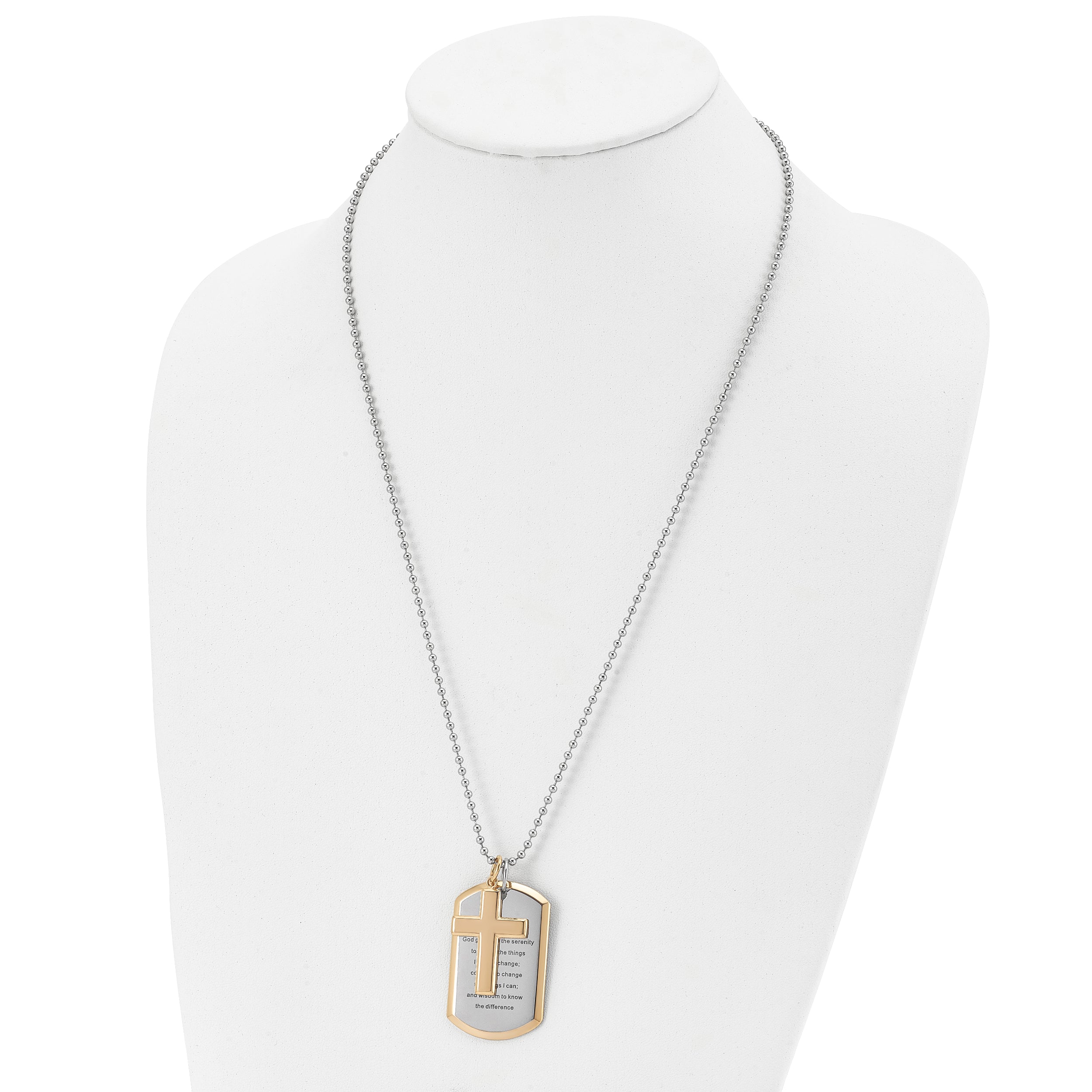 Chisel Stainless Steel Polished Yellow IP-plated 2 Piece Cross and Serenity Prayer Dog Tag on a 24 inch Ball Chain Necklace