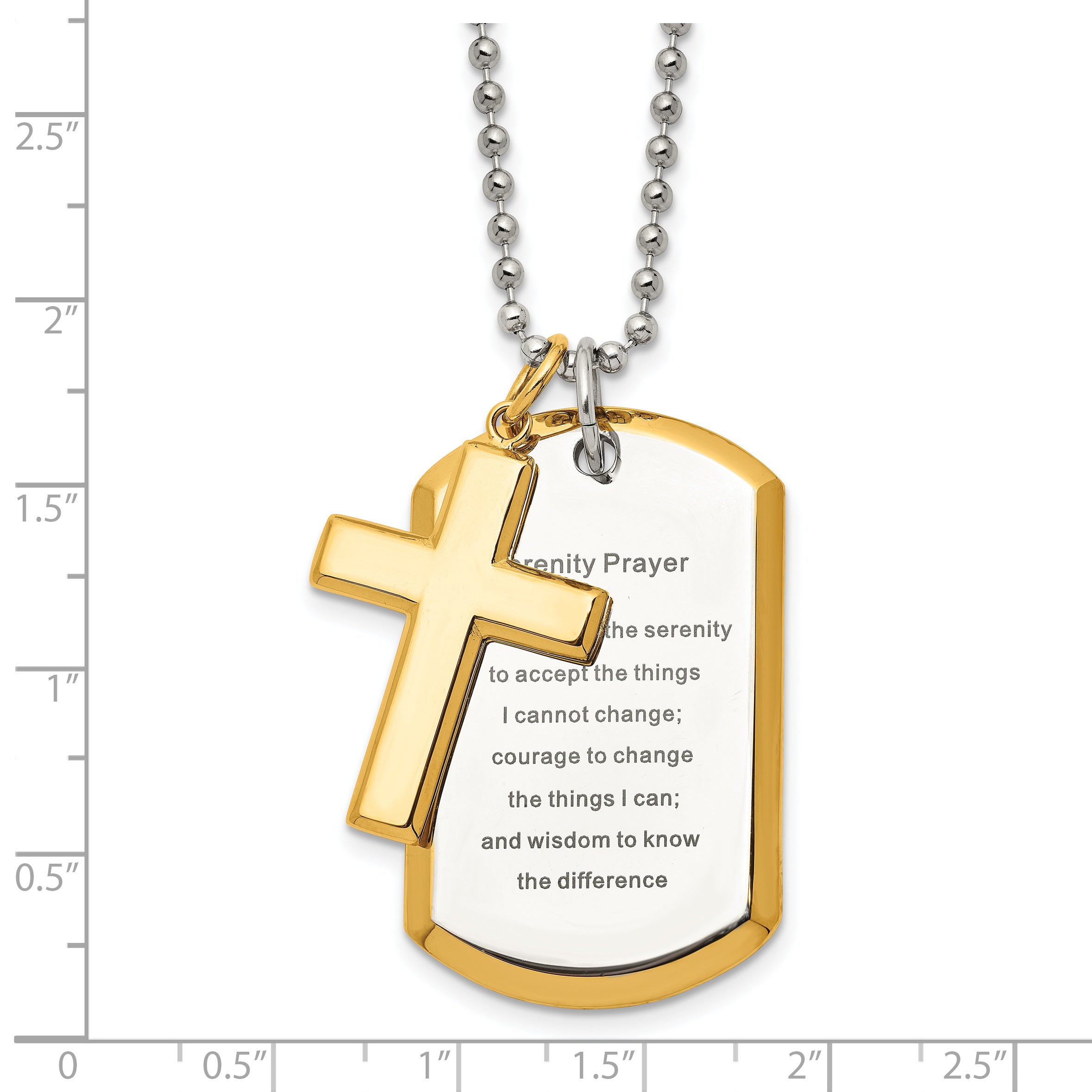 Chisel Stainless Steel Polished Yellow IP-plated 2 Piece Cross and Serenity Prayer Dog Tag on a 24 inch Ball Chain Necklace