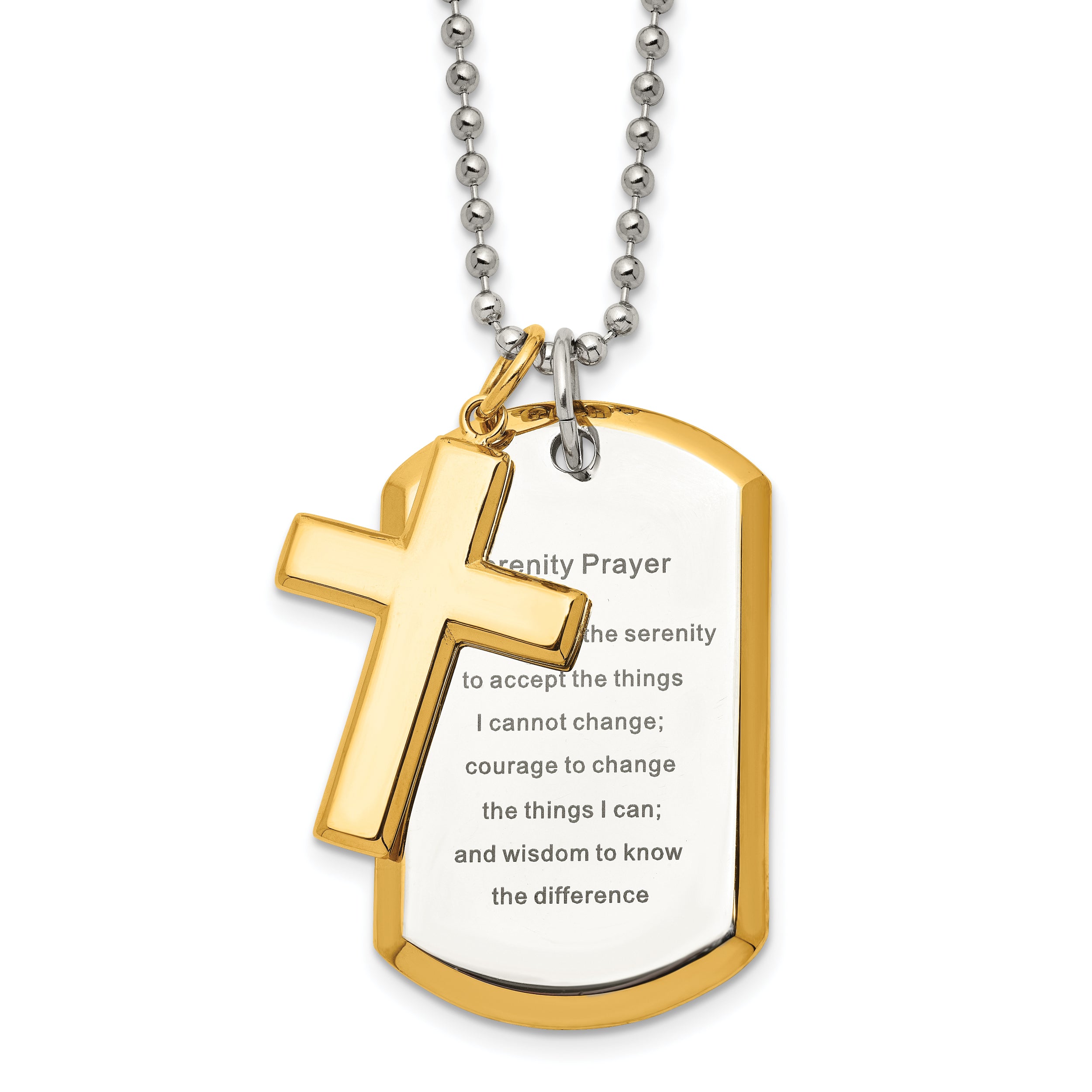 Chisel Stainless Steel Polished Yellow IP-plated 2 Piece Cross and Serenity Prayer Dog Tag on a 24 inch Ball Chain Necklace