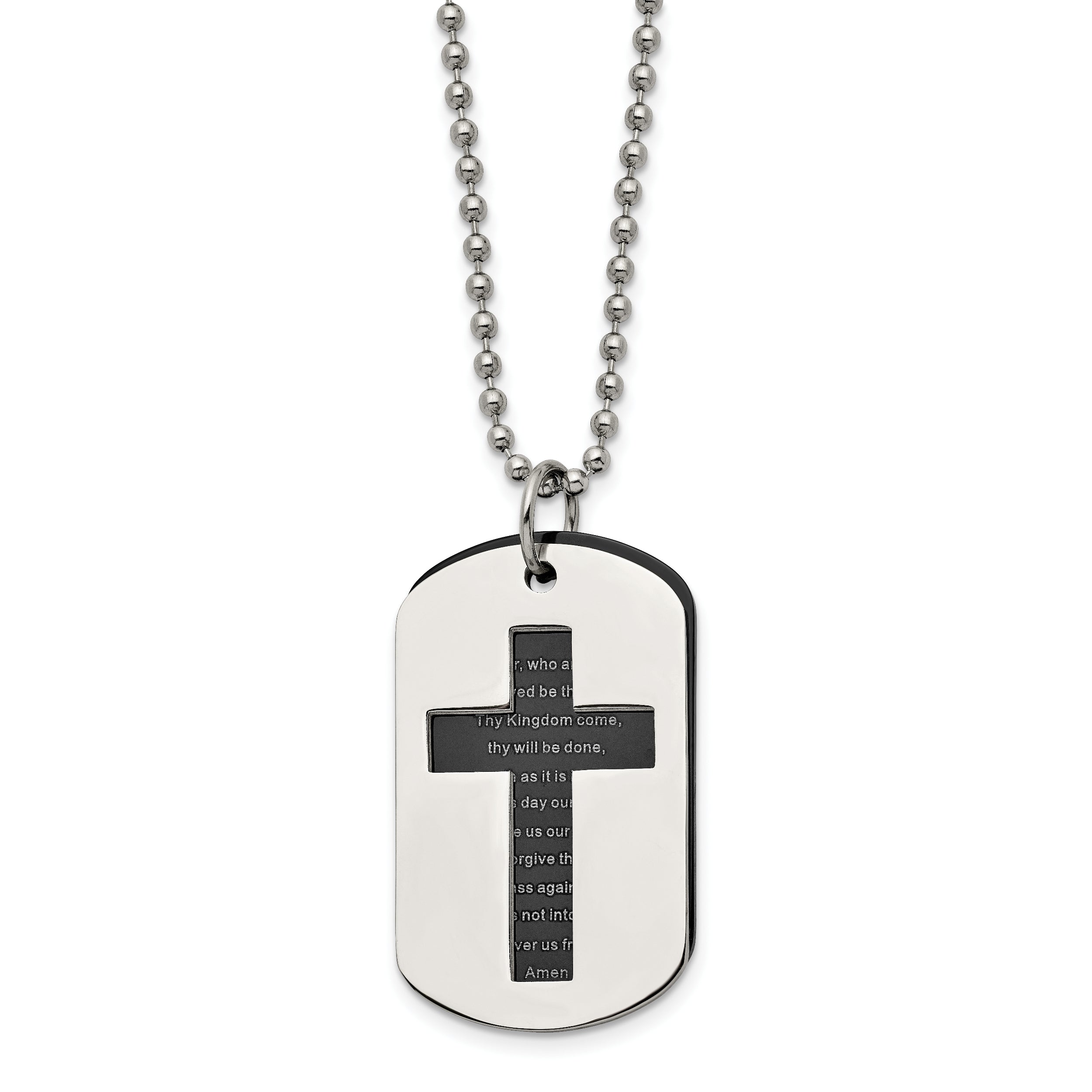 Chisel Stainless Steel Polished Black IP-plated 2 Piece Lord's Prayer Dog Tag on a 24 inch Ball Chain Necklace