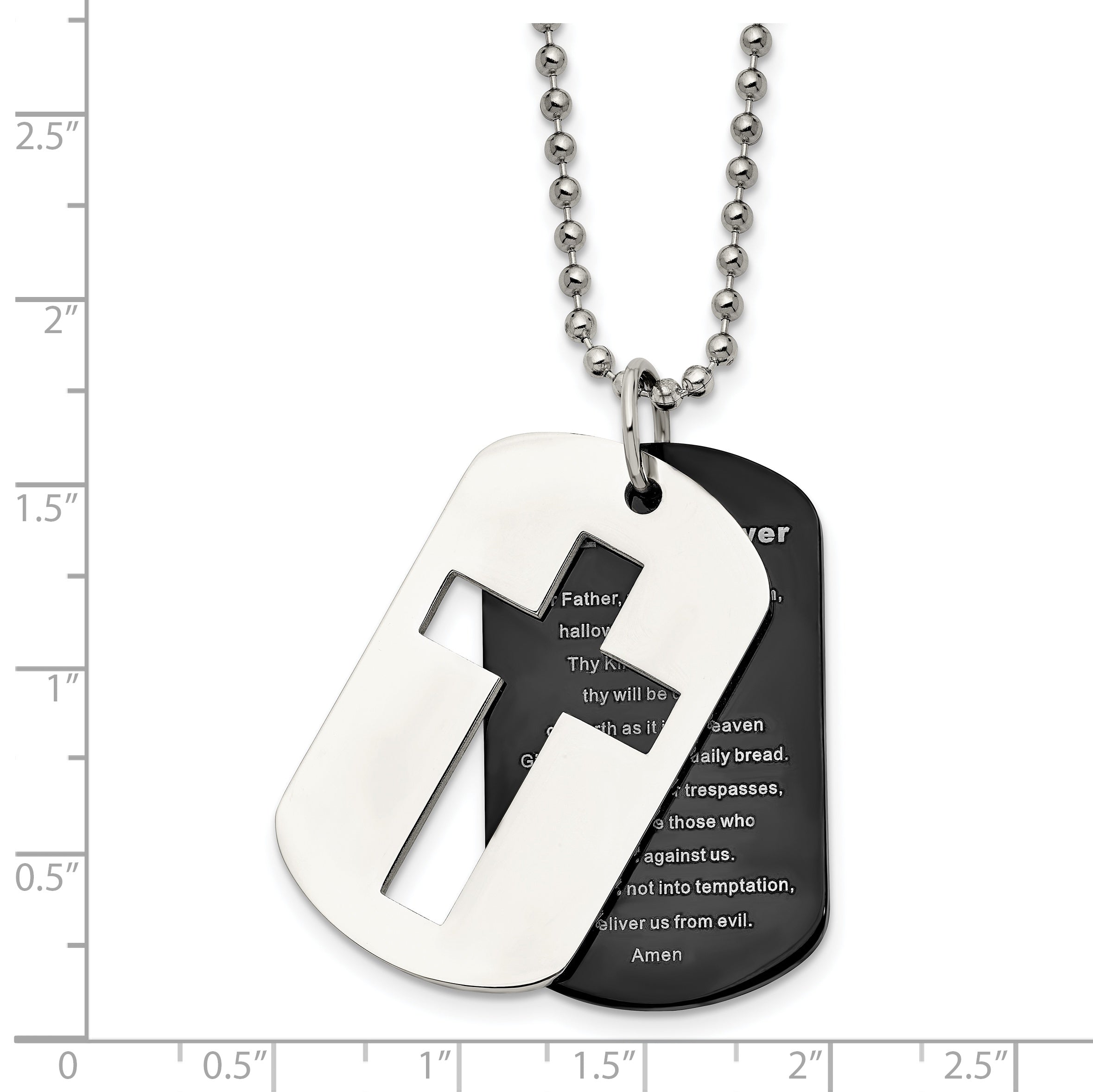 Chisel Stainless Steel Polished Black IP-plated 2 Piece Lord's Prayer Dog Tag on a 24 inch Ball Chain Necklace