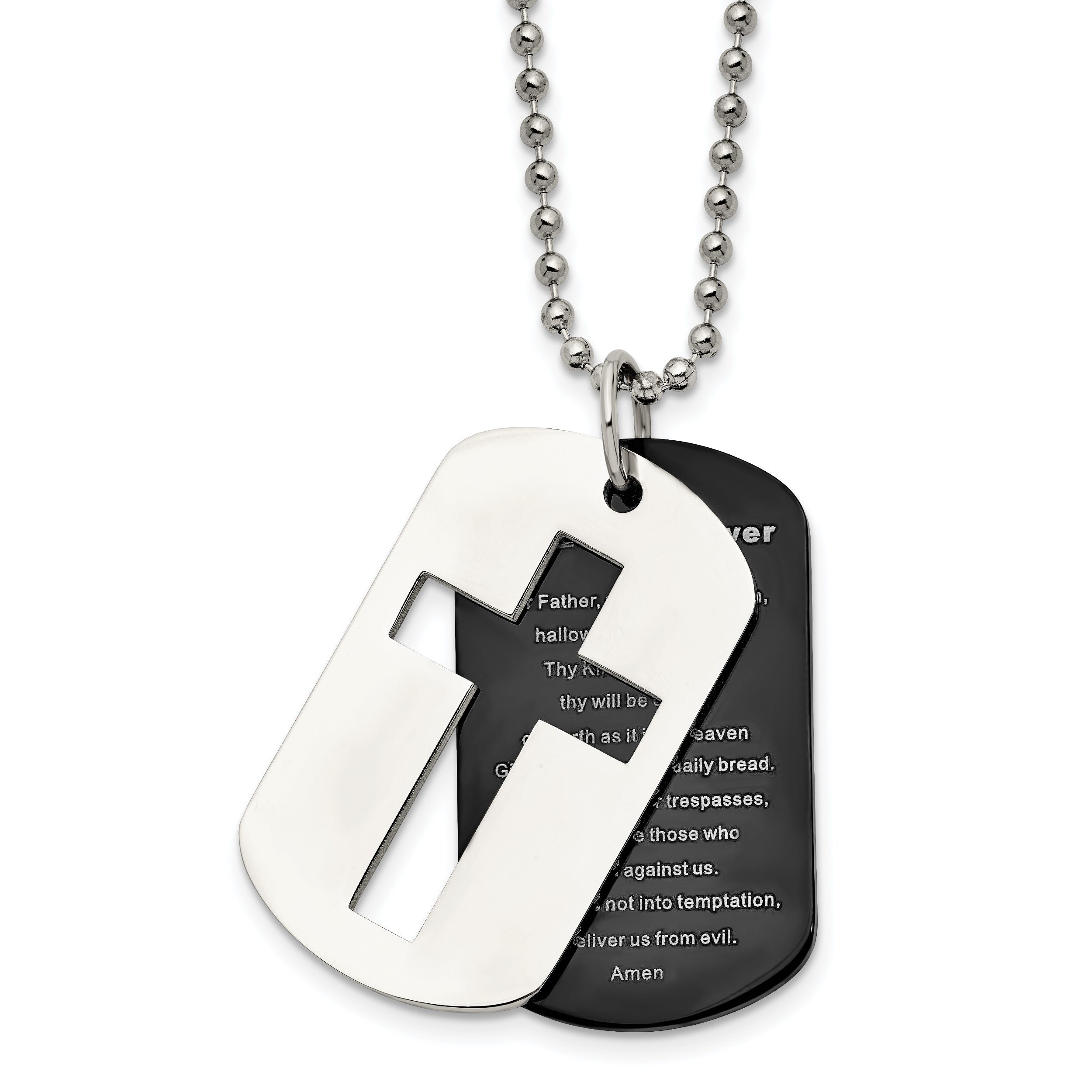 Chisel Stainless Steel Polished Black IP-plated 2 Piece Lord's Prayer Dog Tag on a 24 inch Ball Chain Necklace