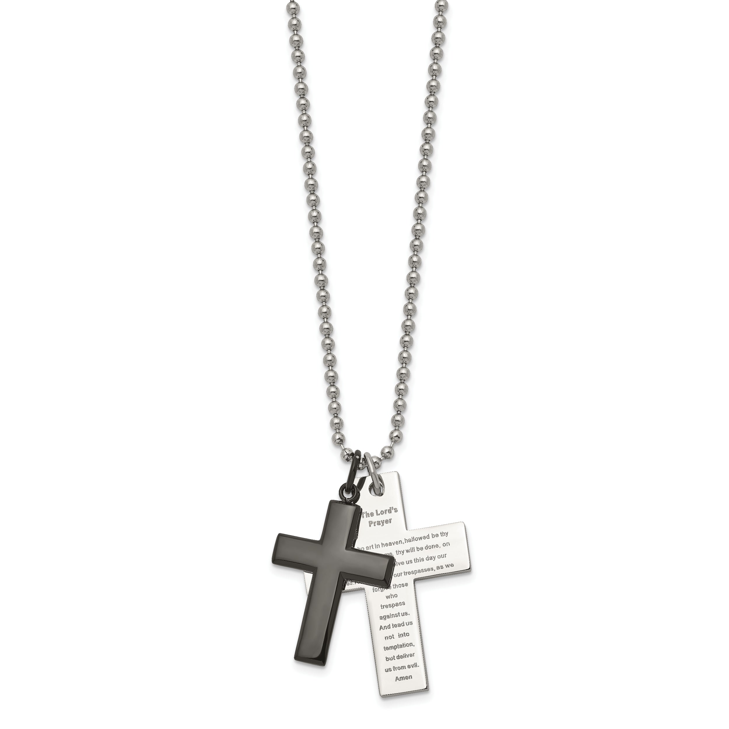 Chisel Stainless Steel Polished Black IP-plated 2 Piece Lord's Prayer Cross on a 24 inch Necklace