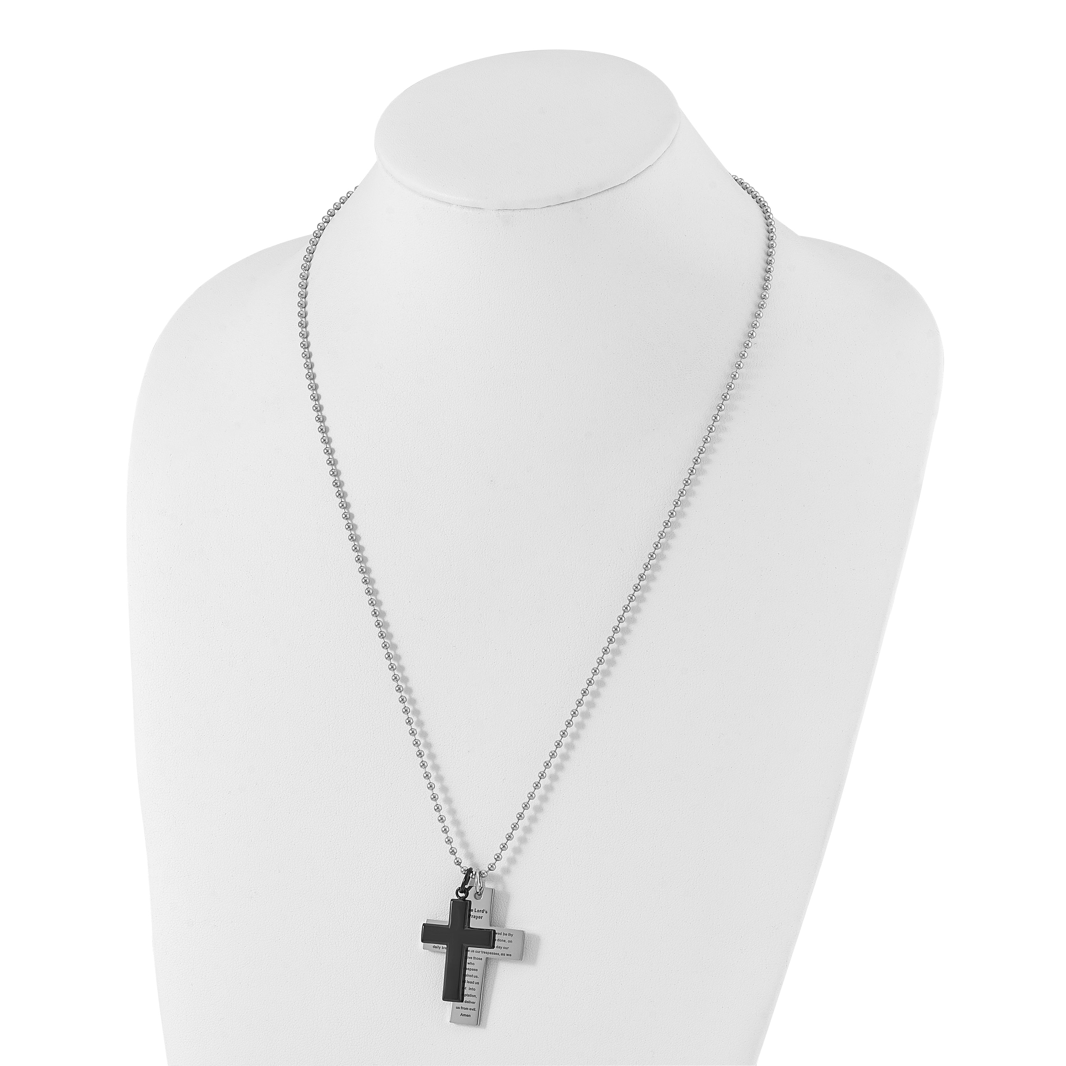 Chisel Stainless Steel Polished Black IP-plated 2 Piece Lord's Prayer Cross on a 24 inch Necklace