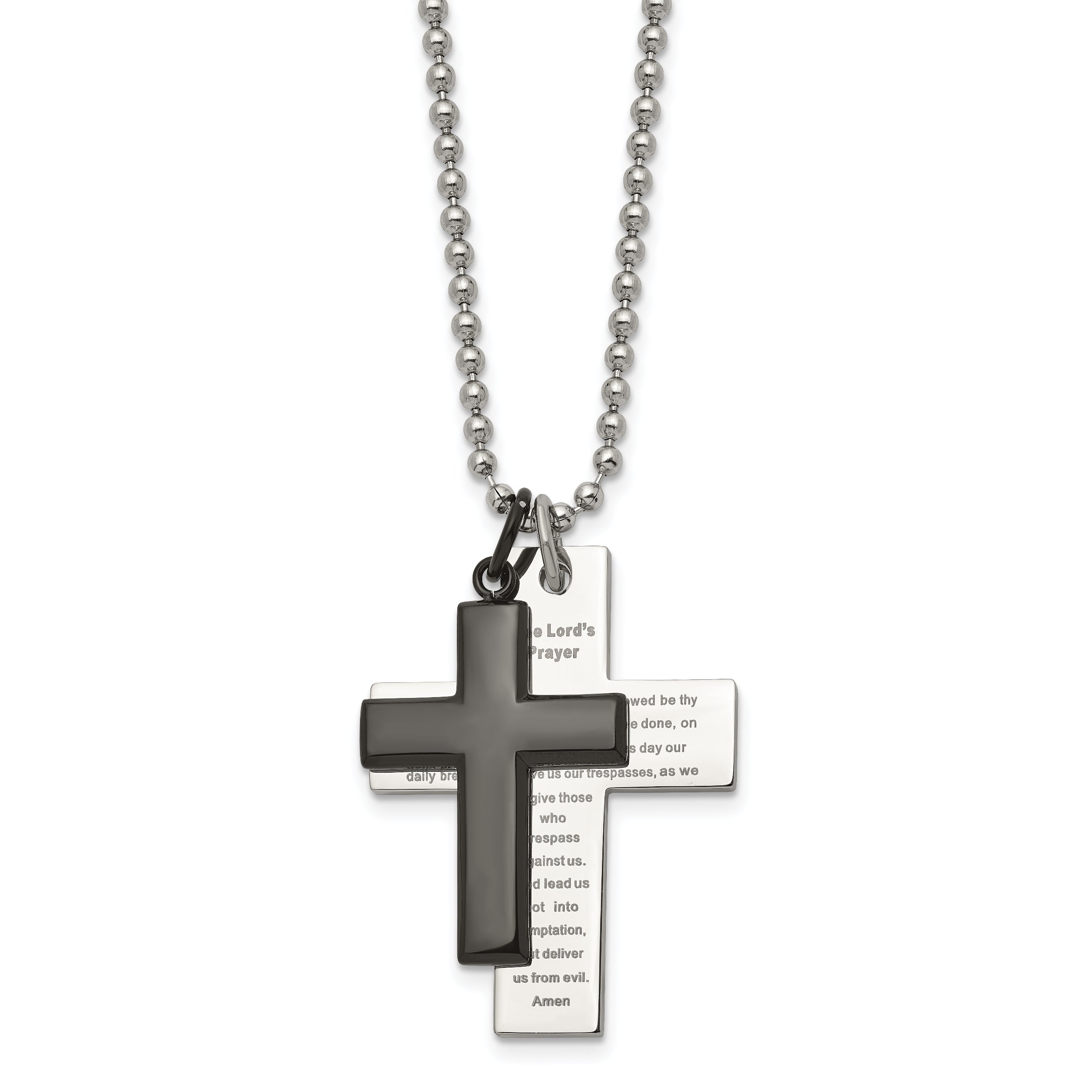 Chisel Stainless Steel Polished Black IP-plated 2 Piece Lord's Prayer Cross on a 24 inch Necklace