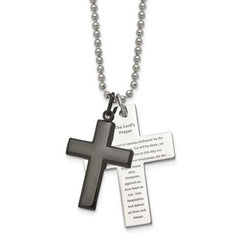 Chisel Stainless Steel Polished Black IP-plated 2 Piece Lord's Prayer Cross on a 24 inch Necklace