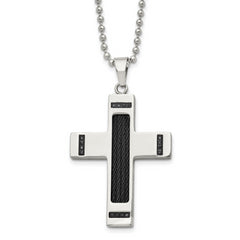 Chisel Stainless Steel Polished Black IP-plated 1/10 carat Black Diamond Cross Pendant on a 24 inch Ball Chain Necklace