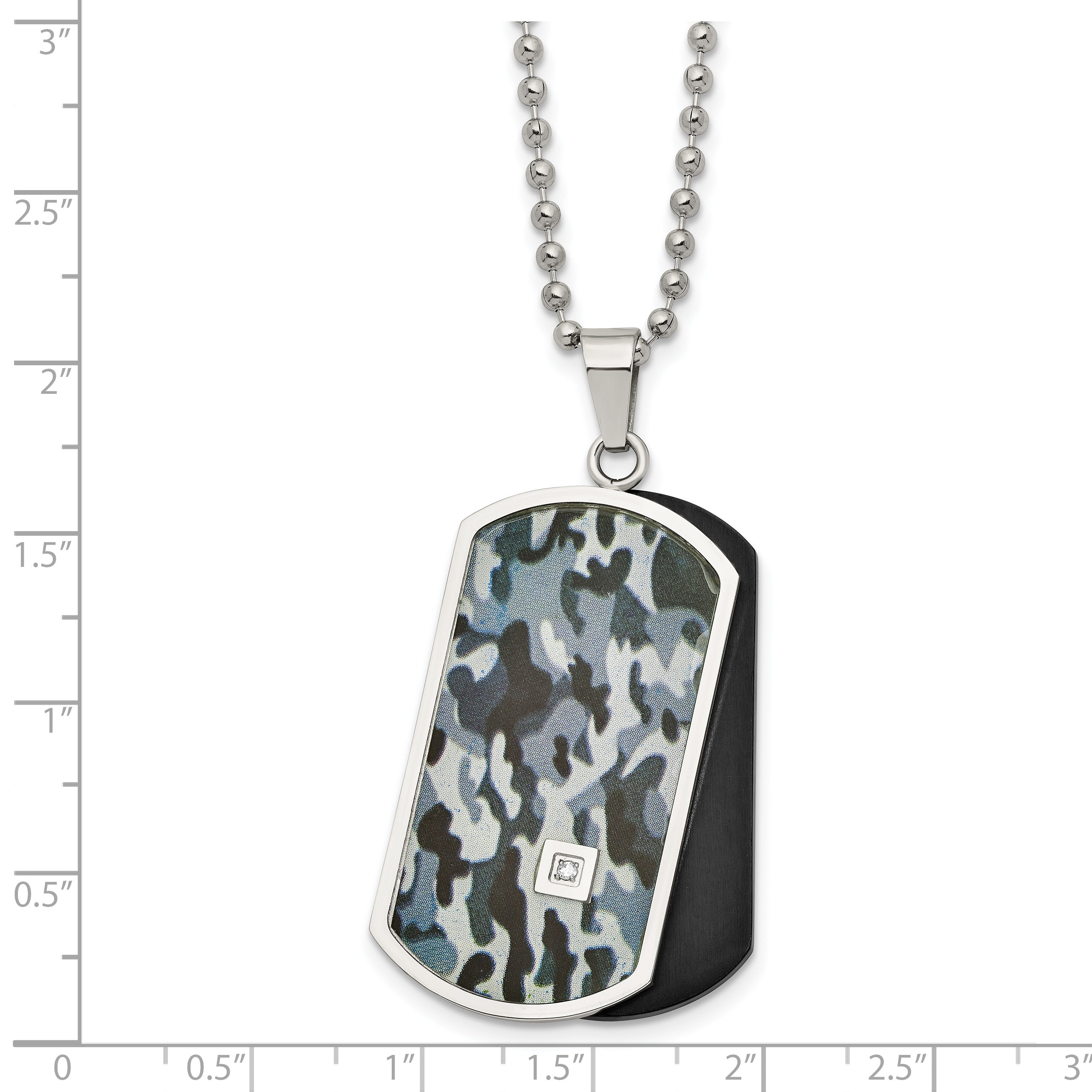 Chisel Stainless Steel Polished Black IP-plated and Camo Enamel with .015 carat Diamond Double Dog Tag on a 24 inch Ball Chain Necklace