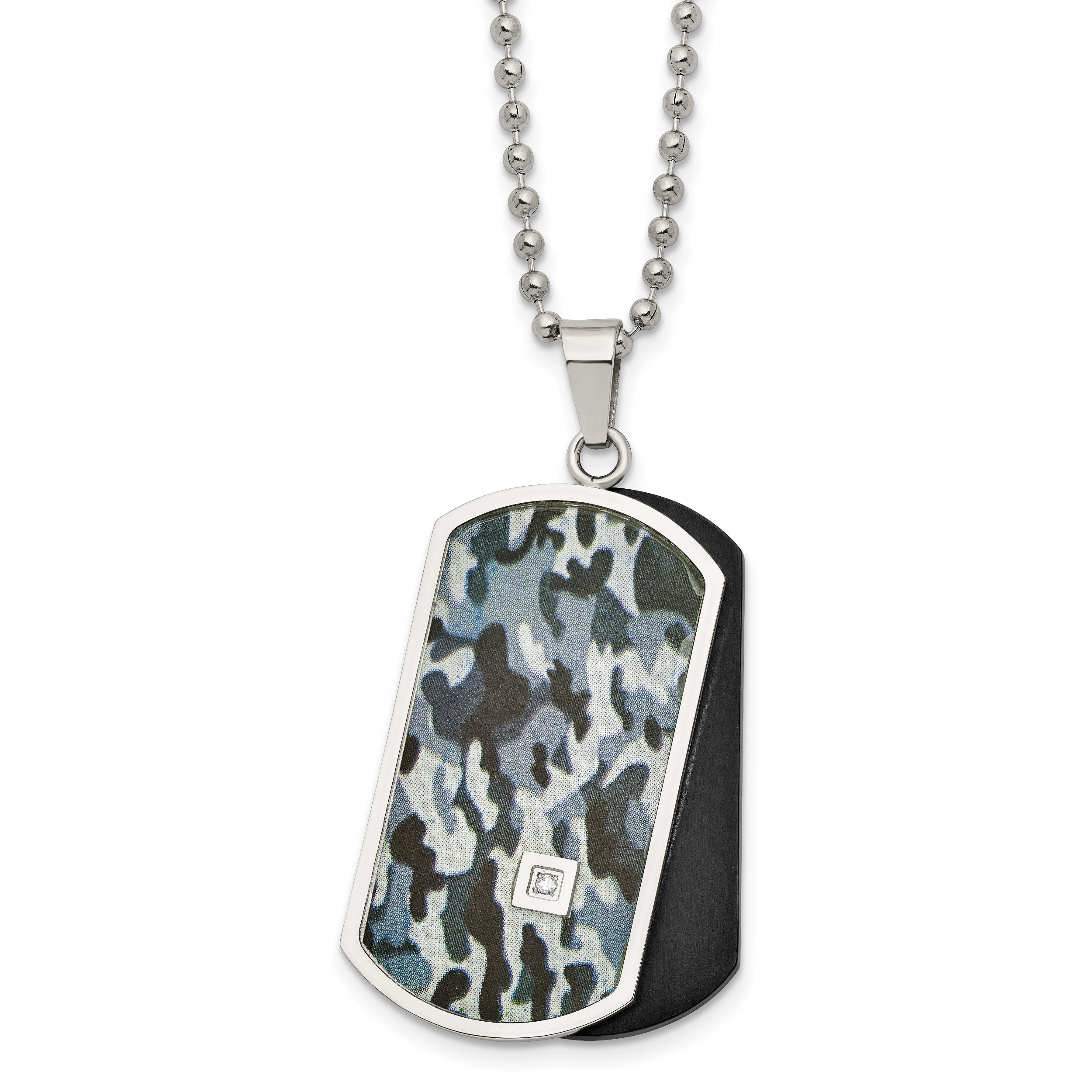 Chisel Stainless Steel Polished Black IP-plated and Camo Enamel with .015 carat Diamond Double Dog Tag on a 24 inch Ball Chain Necklace