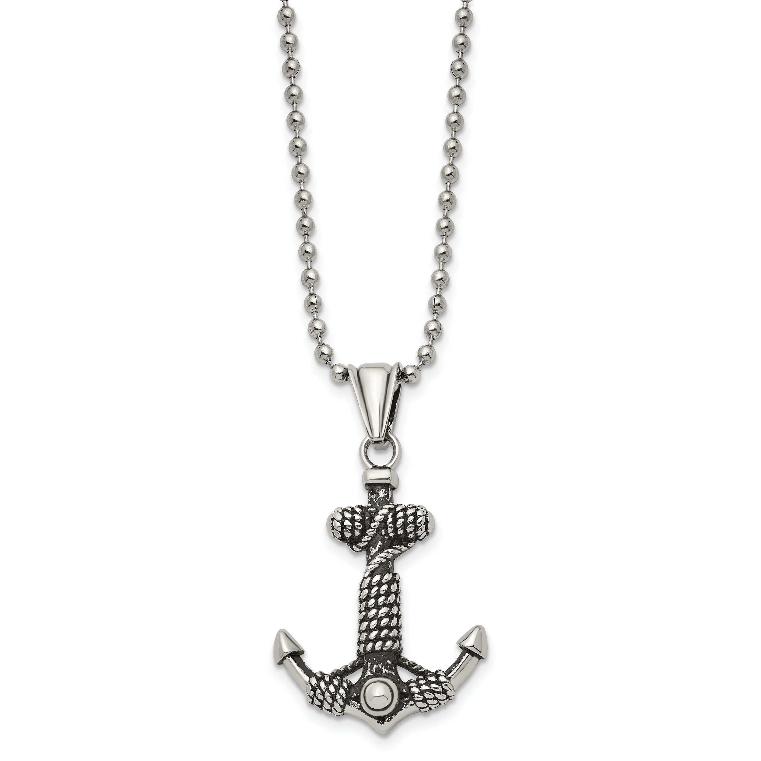 Chisel Stainless Steel Antiqued and Polished Anchor with Rope Pendant on a 24 inch Ball Chain Necklace