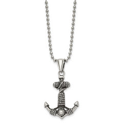 Chisel Stainless Steel Antiqued and Polished Anchor with Rope Pendant on a 24 inch Ball Chain Necklace