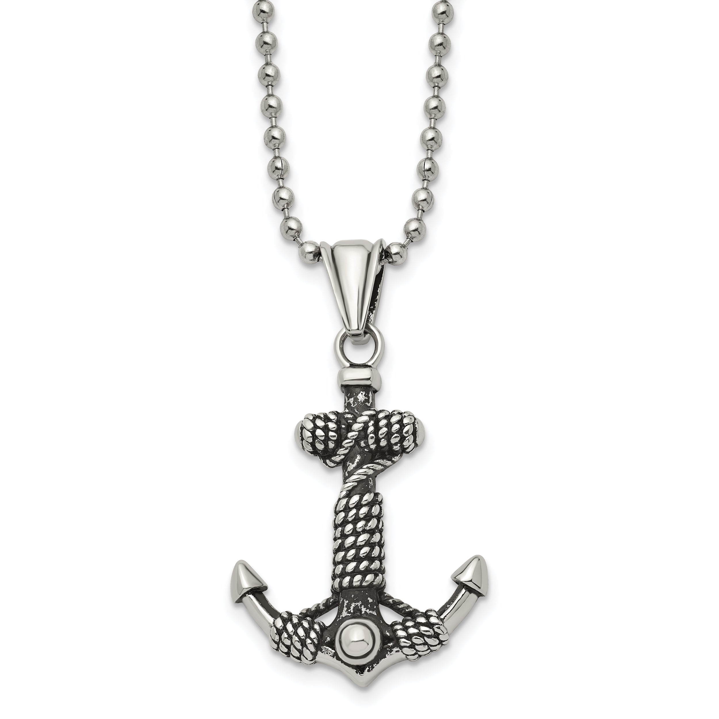 Chisel Stainless Steel Antiqued and Polished Anchor with Rope Pendant on a 24 inch Ball Chain Necklace