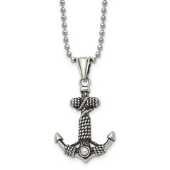 Chisel Stainless Steel Antiqued and Polished Anchor with Rope Pendant on a 24 inch Ball Chain Necklace