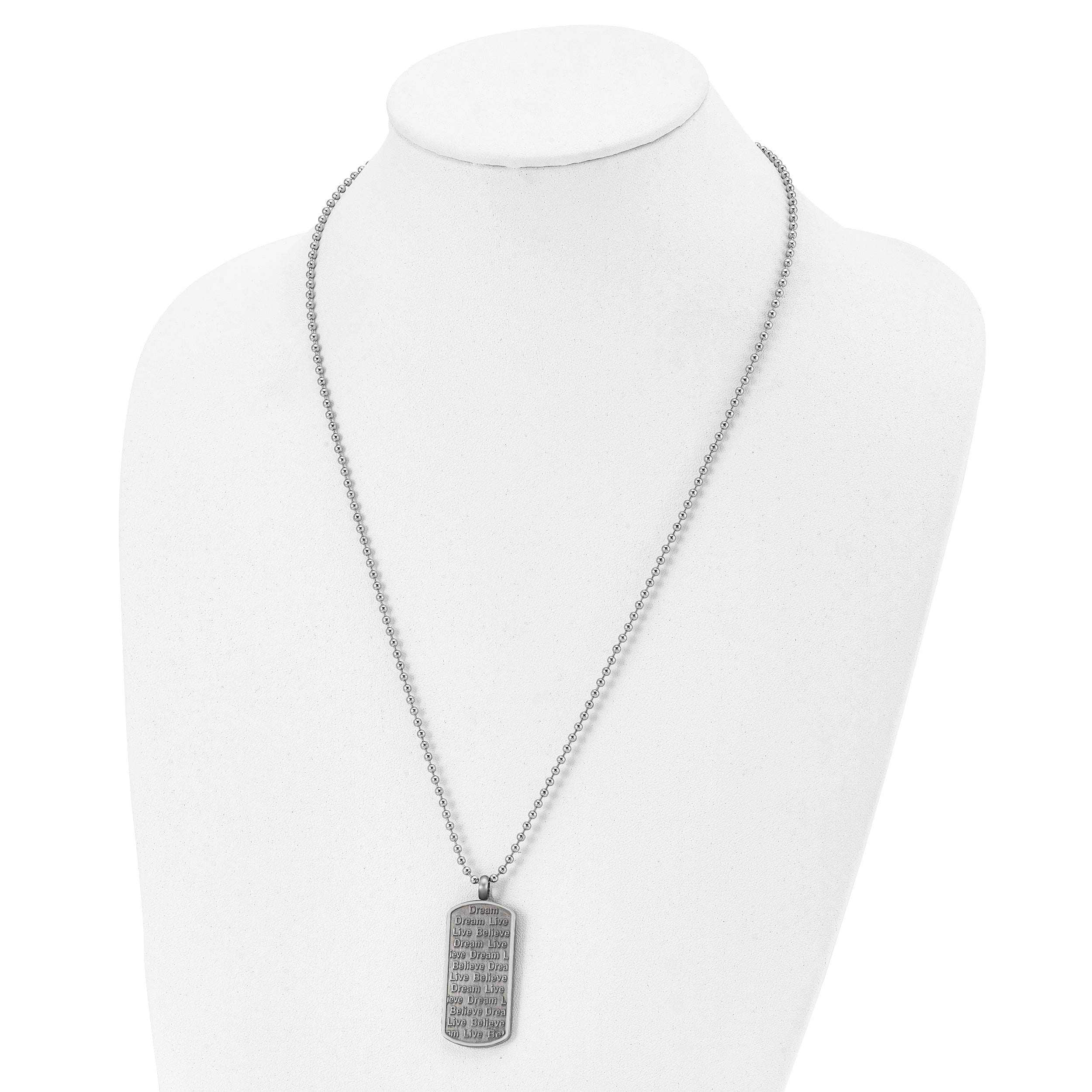 Chisel Stainless Steel Antiqued Brushed and Textured Live/Dream/Believe Dog Tag on a 24 inch Ball Chain Necklace