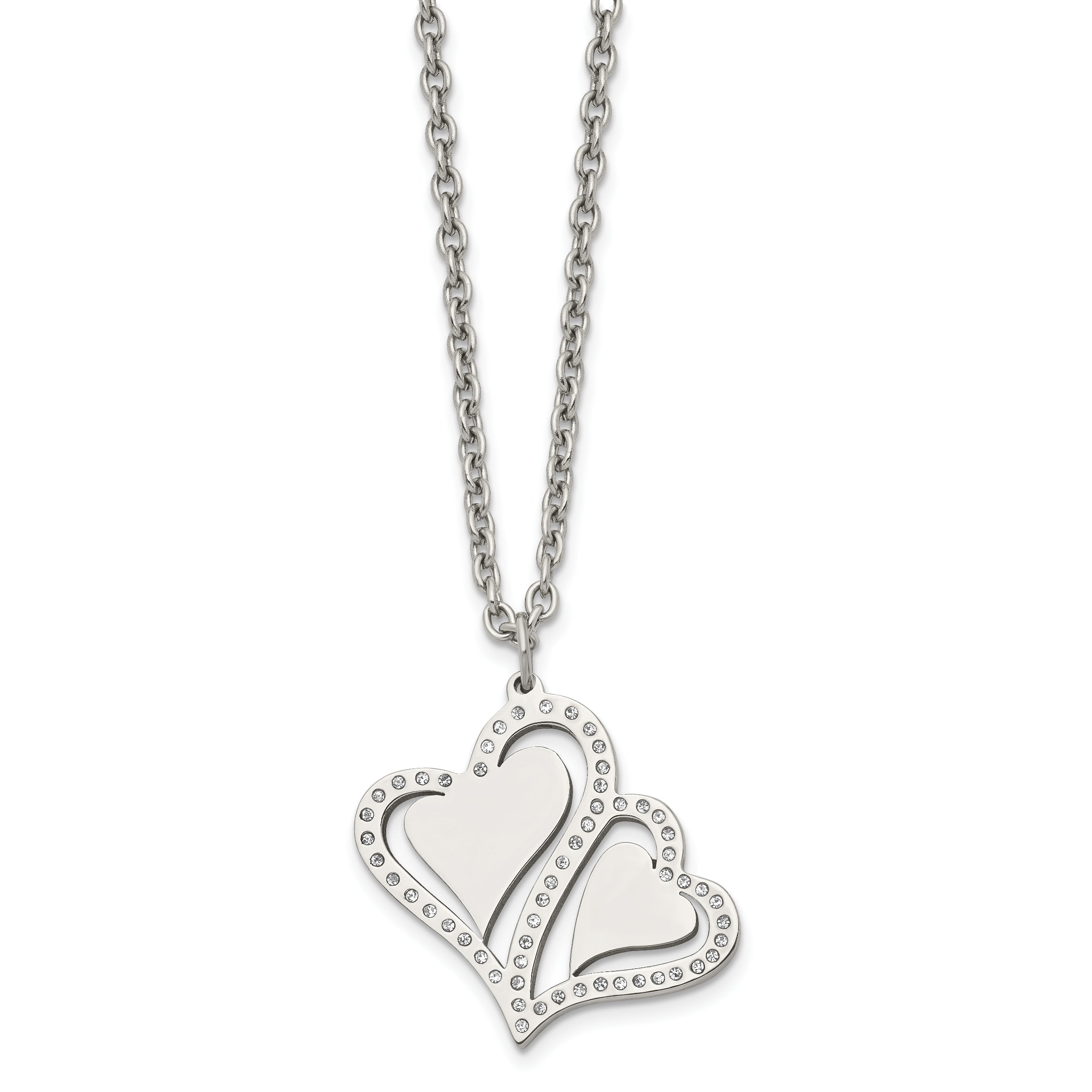 Stainless Steel Polished w/Crystals Hearts 15.75in w/2.25in ext Necklace