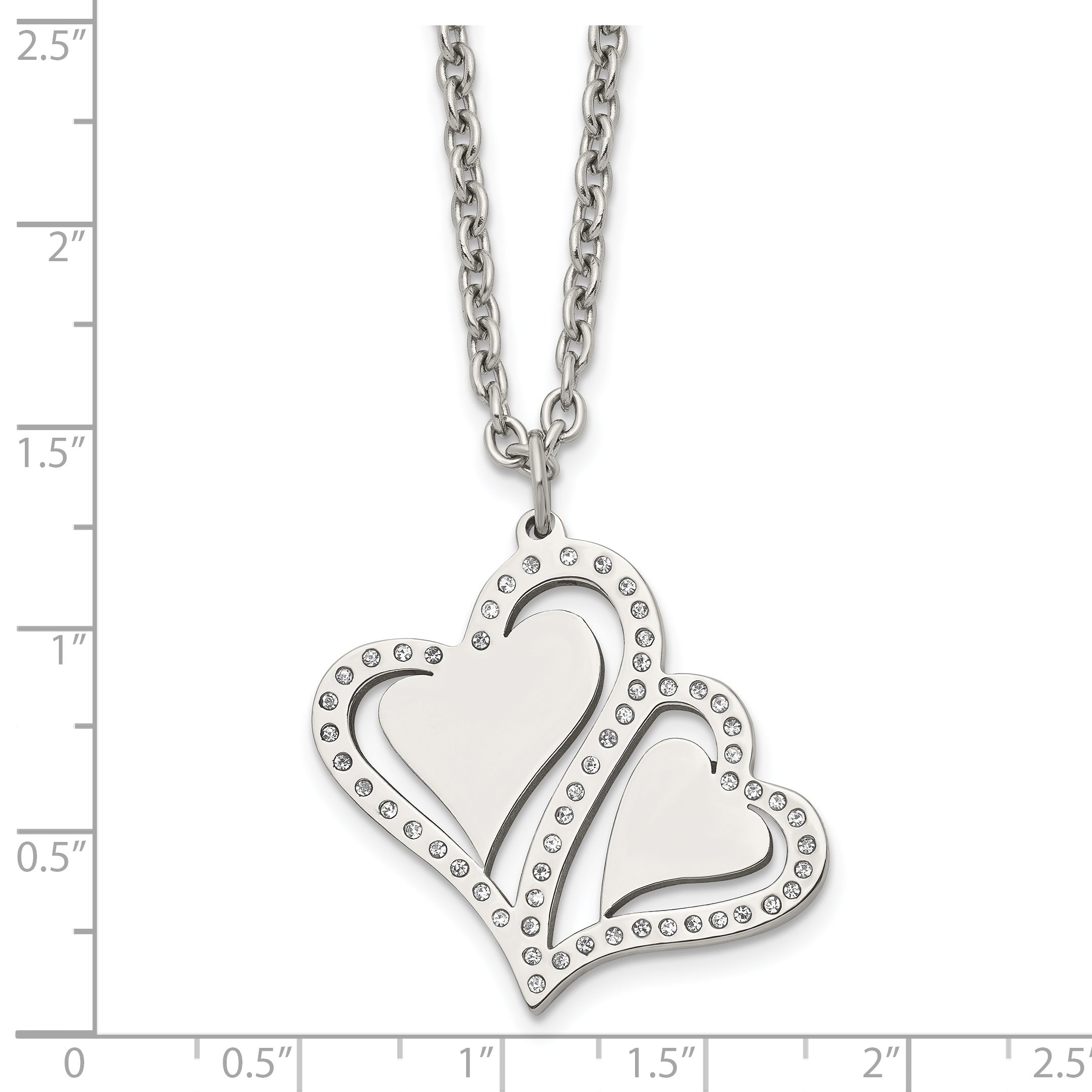 Stainless Steel Polished w/Crystals Hearts 15.75in w/2.25in ext Necklace