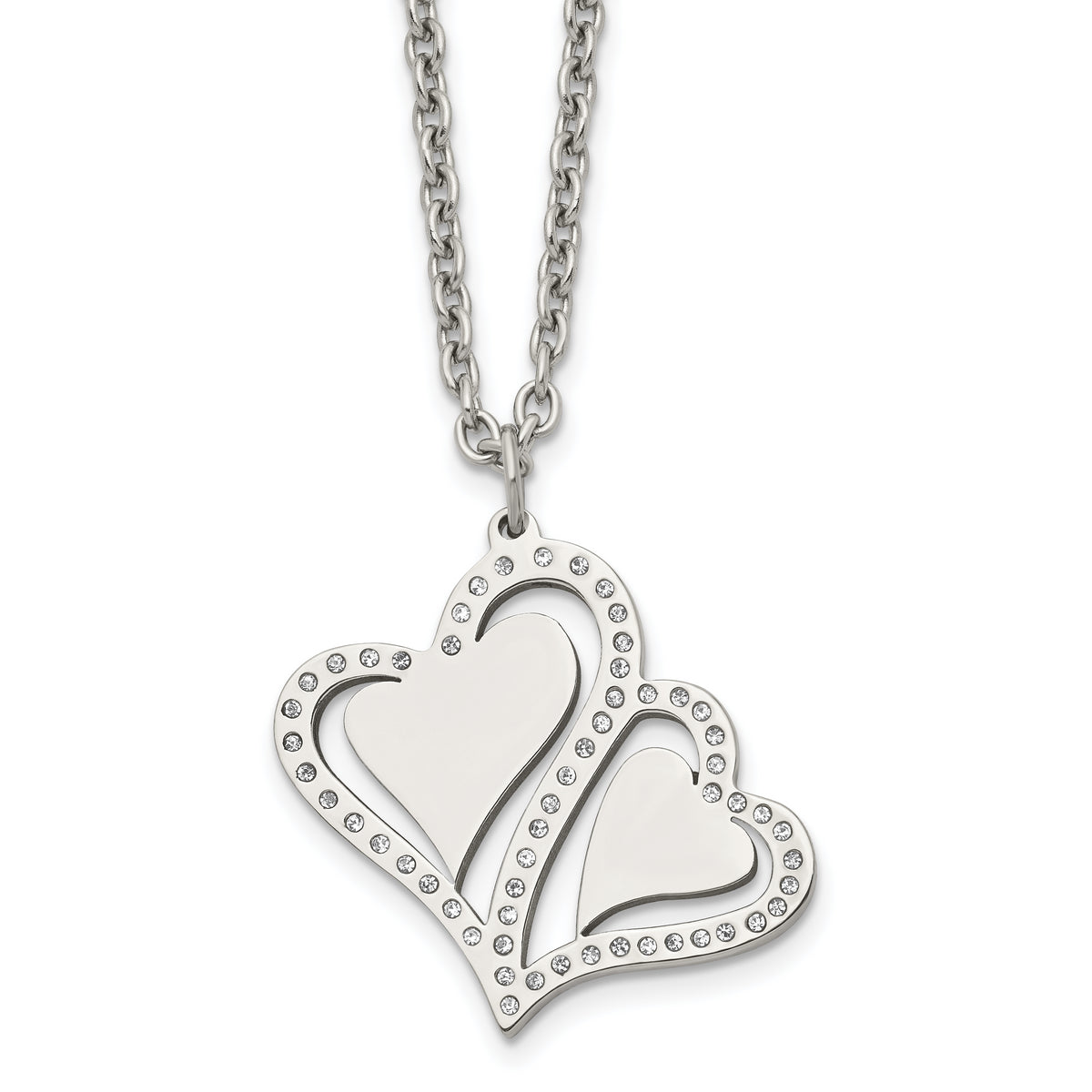 Stainless Steel Polished w/Crystals Hearts 15.75in w/2.25in ext Necklace