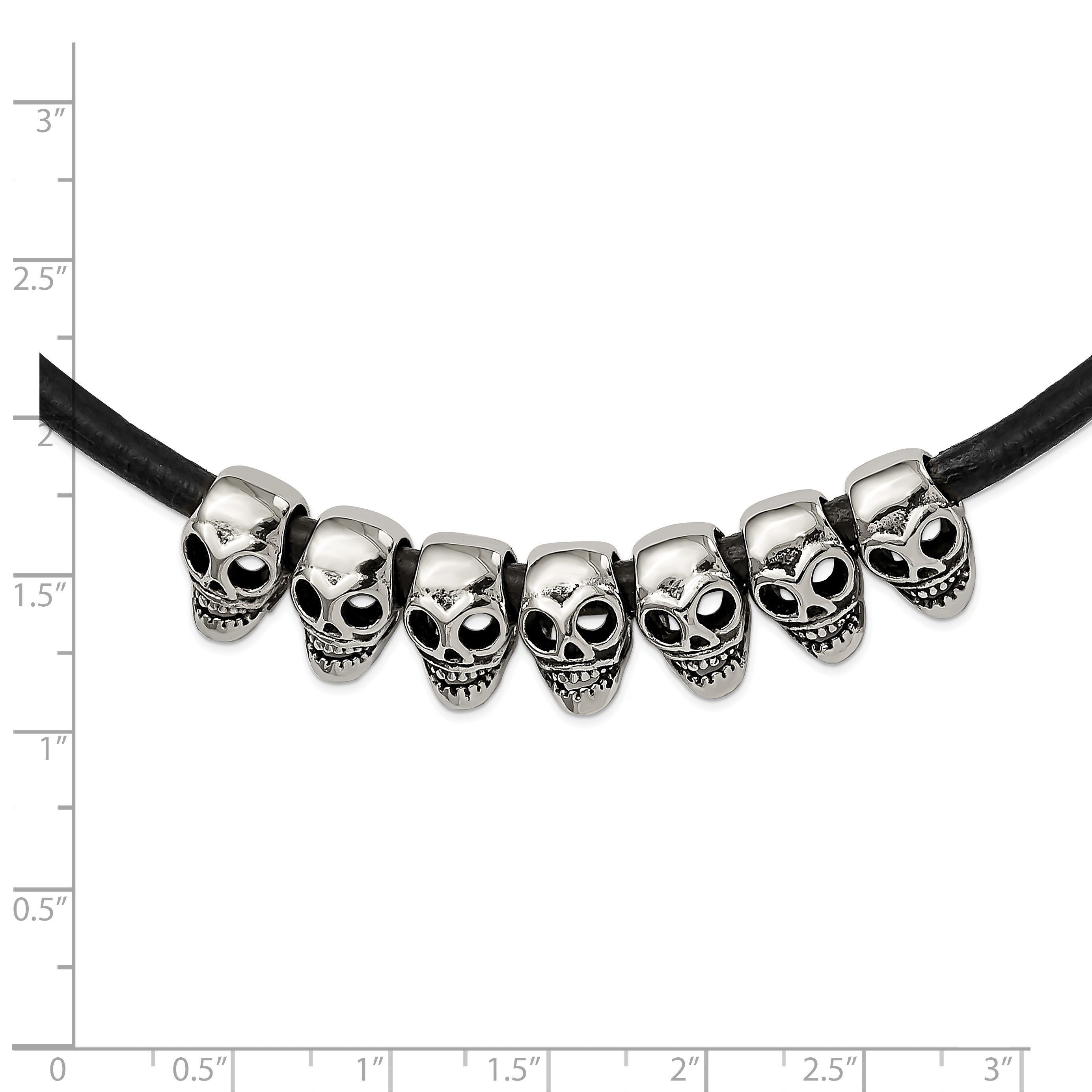 Stainless Steel Antiqued/Polished Skulls 18in Black Leather Cord Necklace