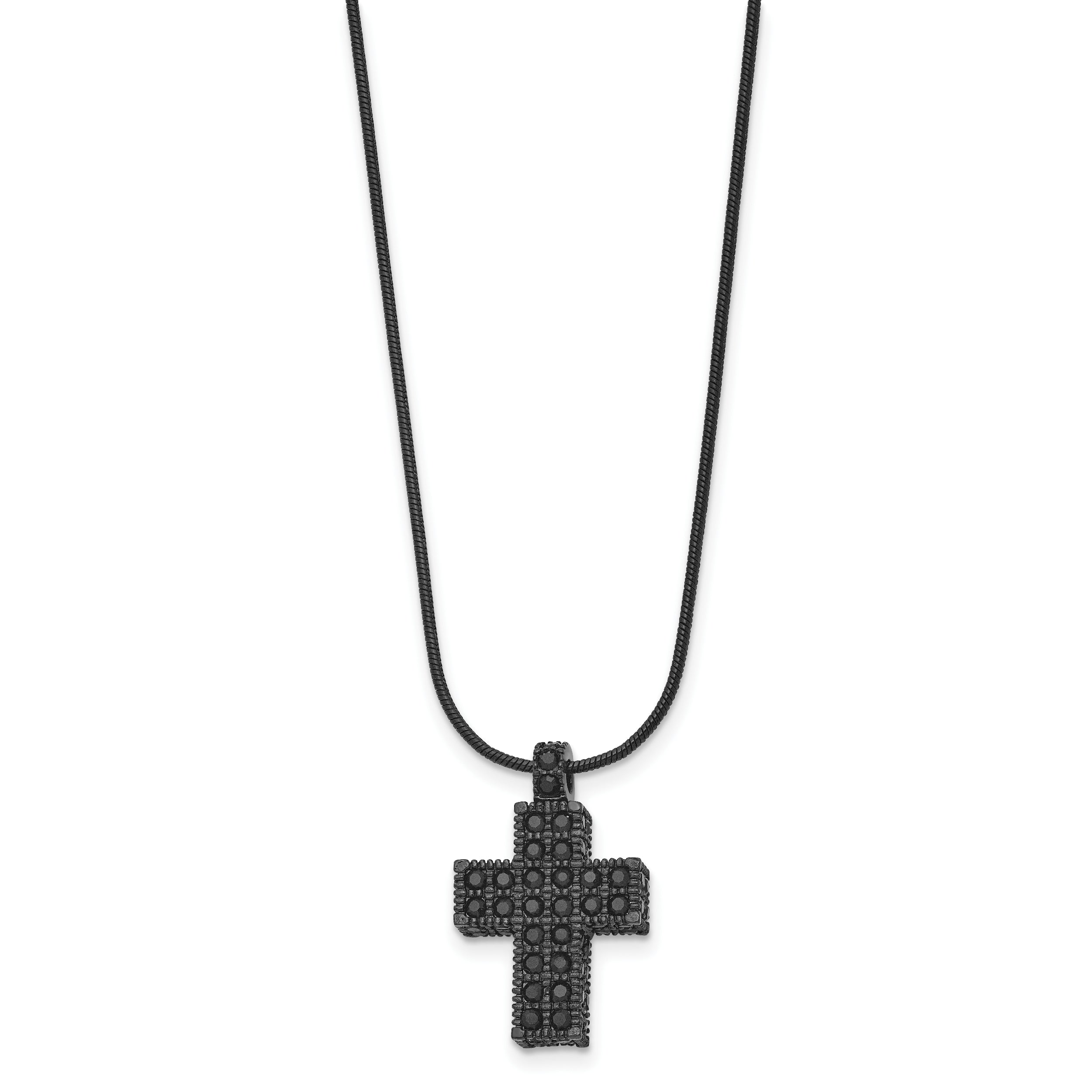 Stainless Steel Polished Black IP Black Crystal Cross w/2in ext Necklace